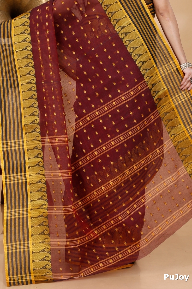Brown Pure Cotton Moti_Buti Tant Saree (747)