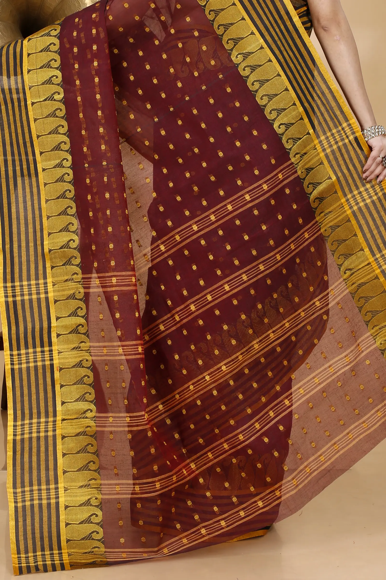 Brown Pure Cotton Moti_Buti Tant Saree (747)