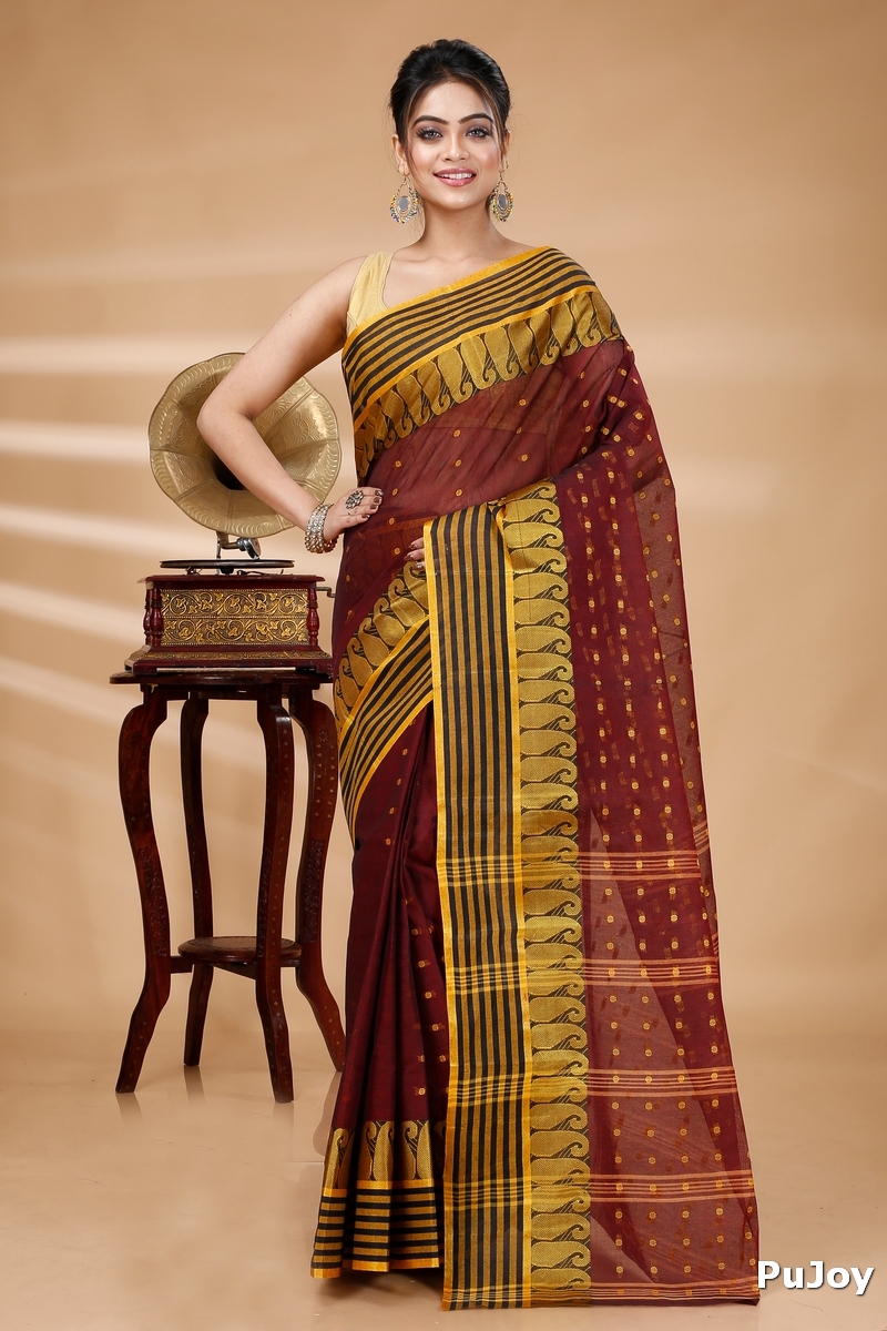 Brown Pure Cotton Moti_Buti Tant Saree (747)