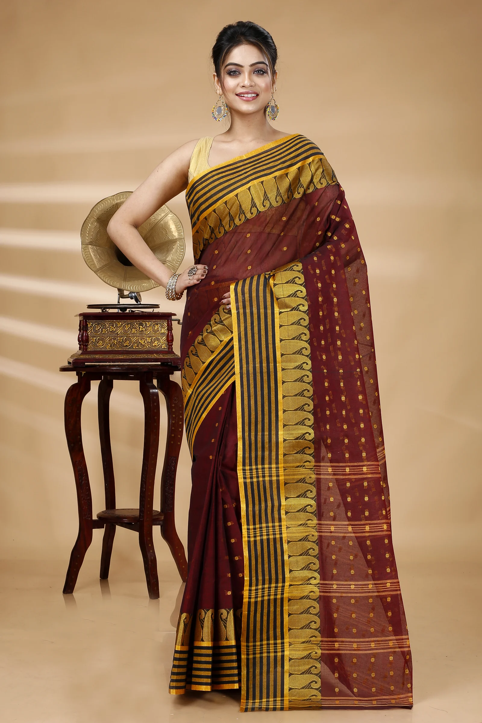 Brown Pure Cotton Moti_Buti Tant Saree (747)