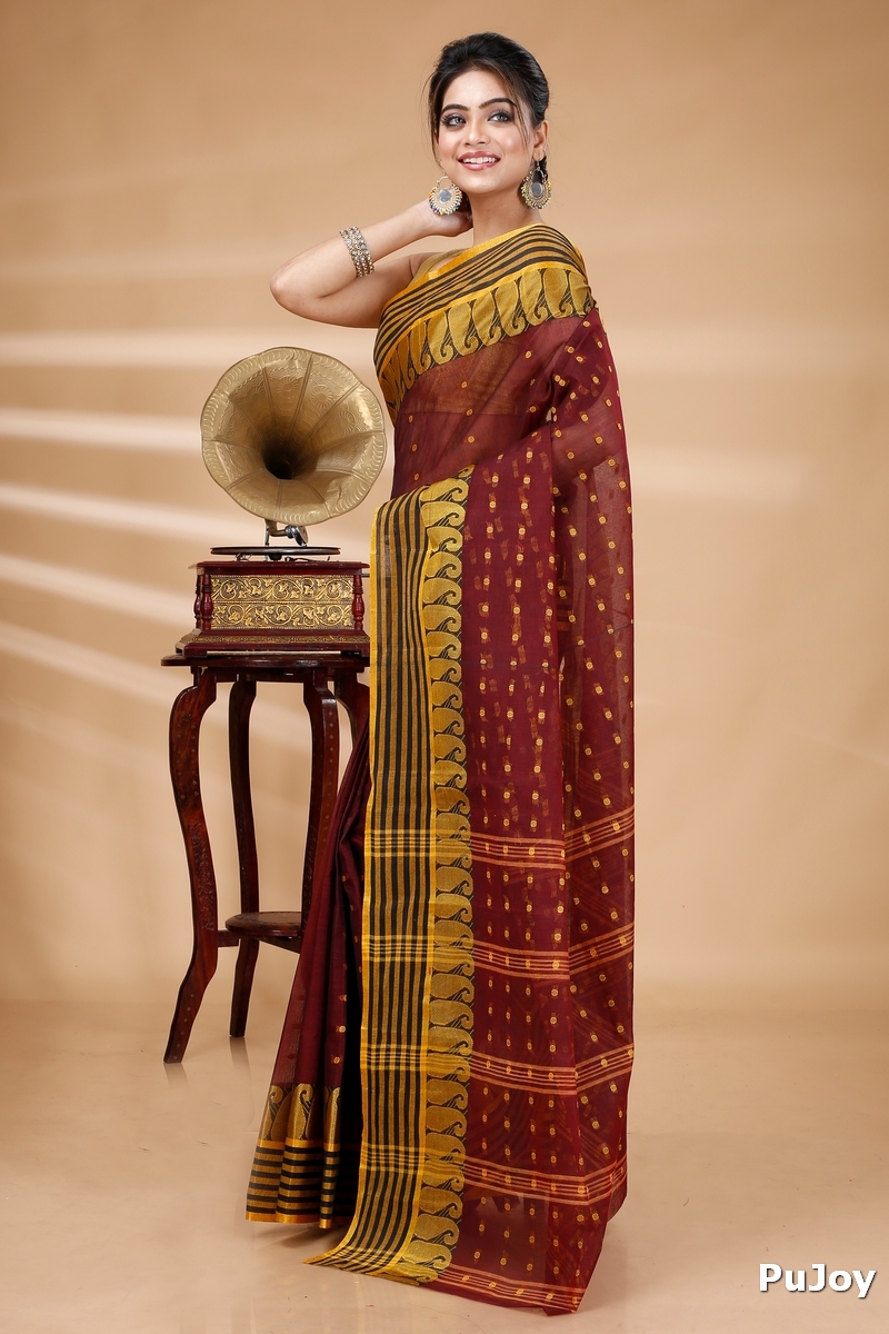 Brown Pure Cotton Moti_Buti Tant Saree (747)