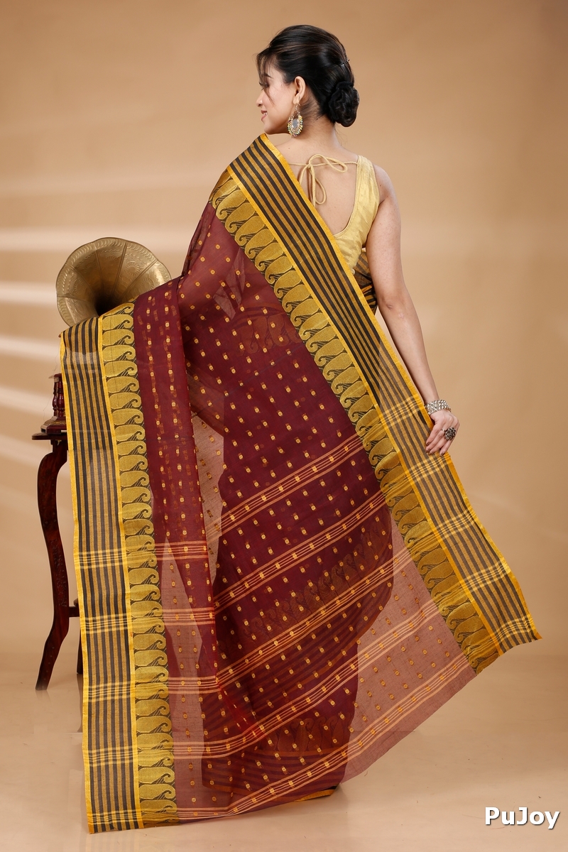 Brown Pure Cotton Moti_Buti Tant Saree (747)
