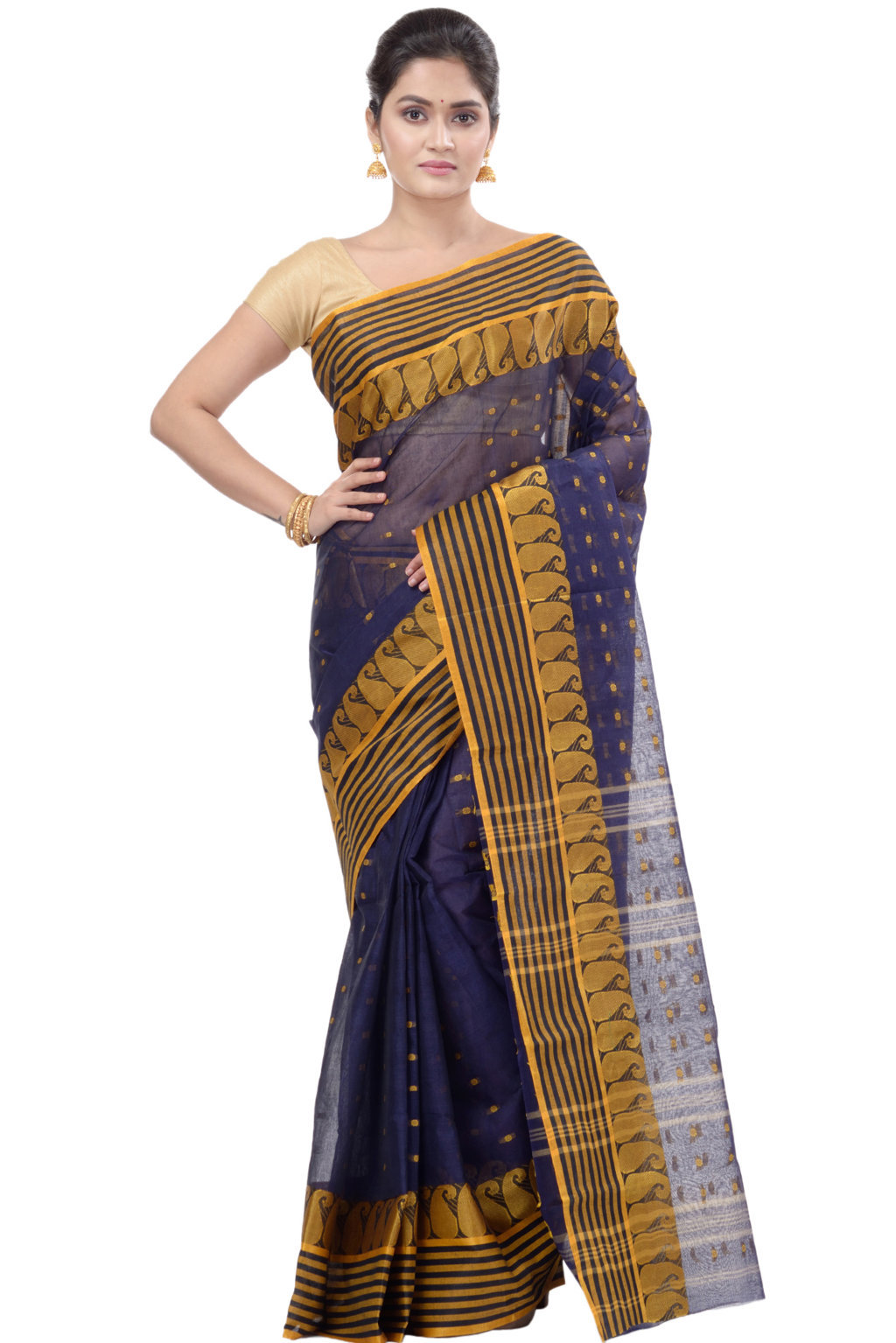 Blue Pure Cotton Moti_Buti Tant Saree (748)