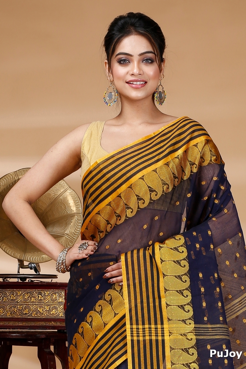 Blue Pure Cotton Moti_Buti Tant Saree (748)