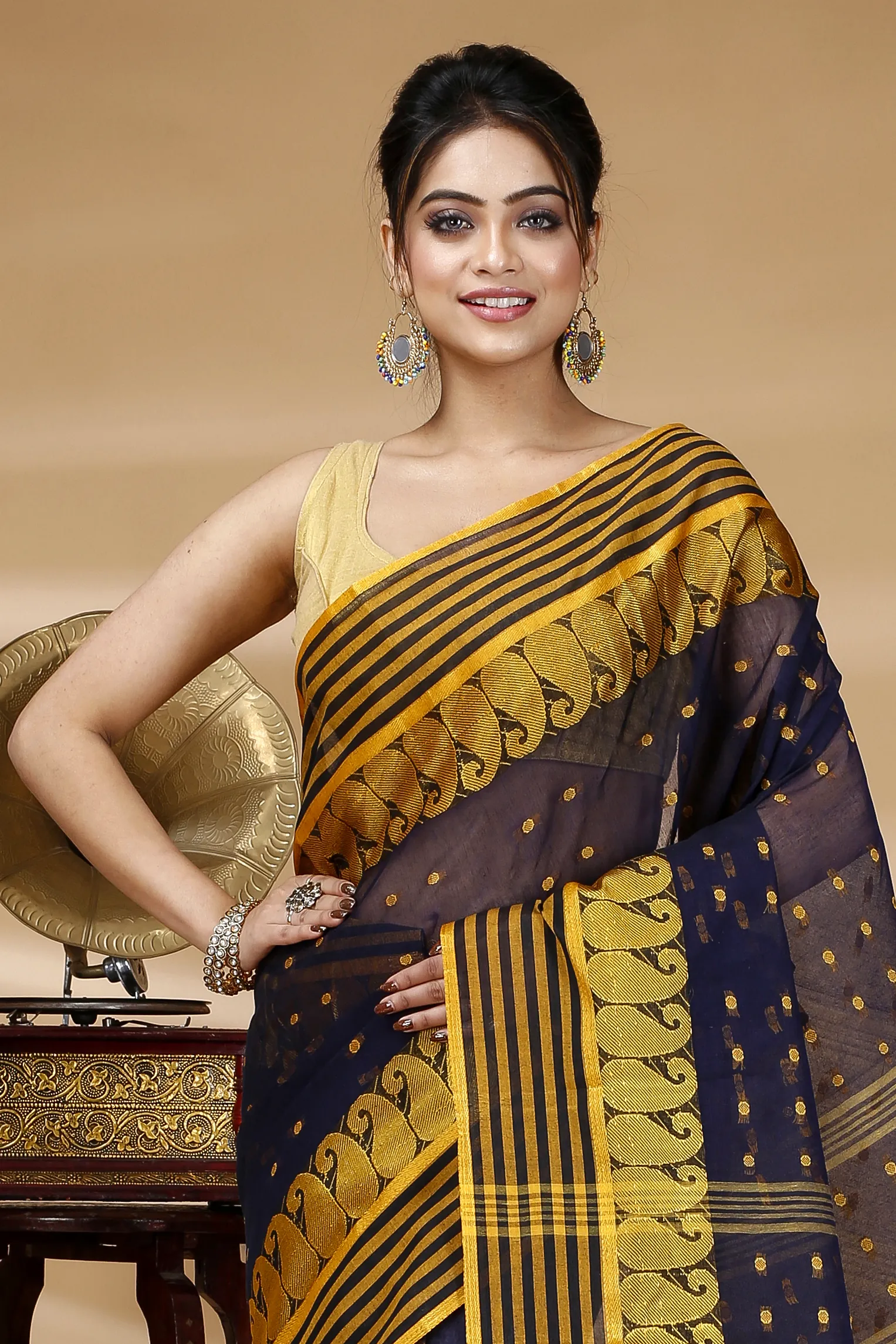 Blue Pure Cotton Moti_Buti Tant Saree (748)