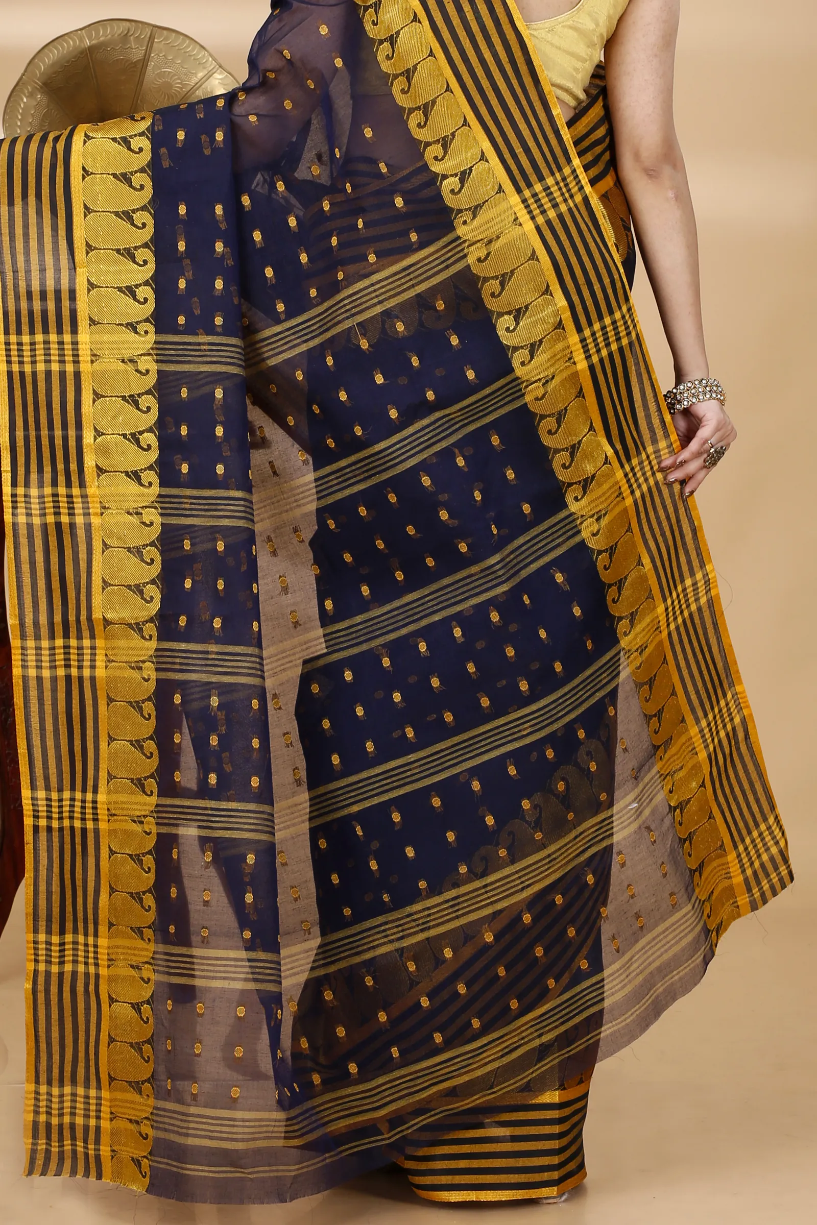 Blue Pure Cotton Moti_Buti Tant Saree (748)