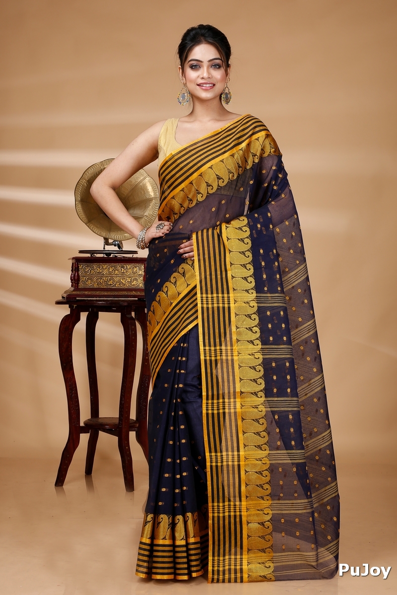 Blue Pure Cotton Moti_Buti Tant Saree (748)