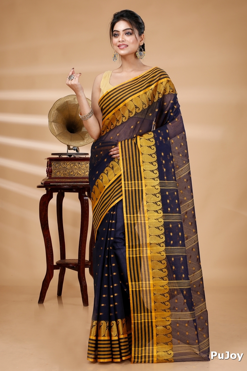 Blue Pure Cotton Moti_Buti Tant Saree (748)