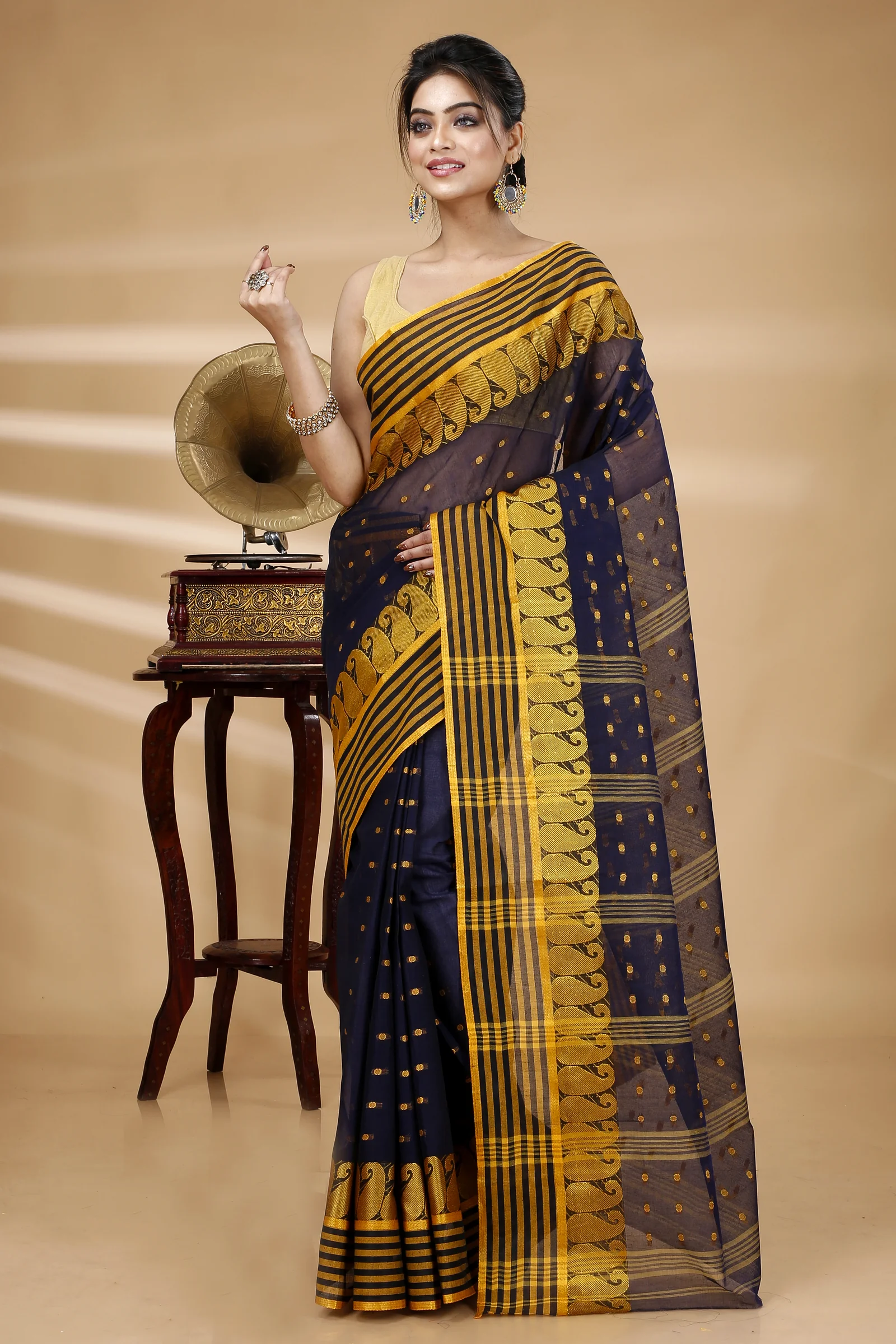 Blue Pure Cotton Moti_Buti Tant Saree (748)