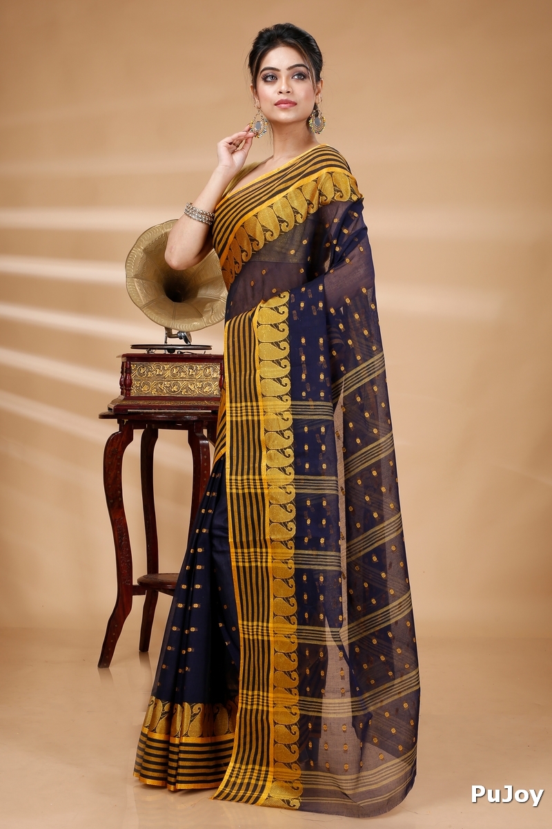 Blue Pure Cotton Moti_Buti Tant Saree (748)