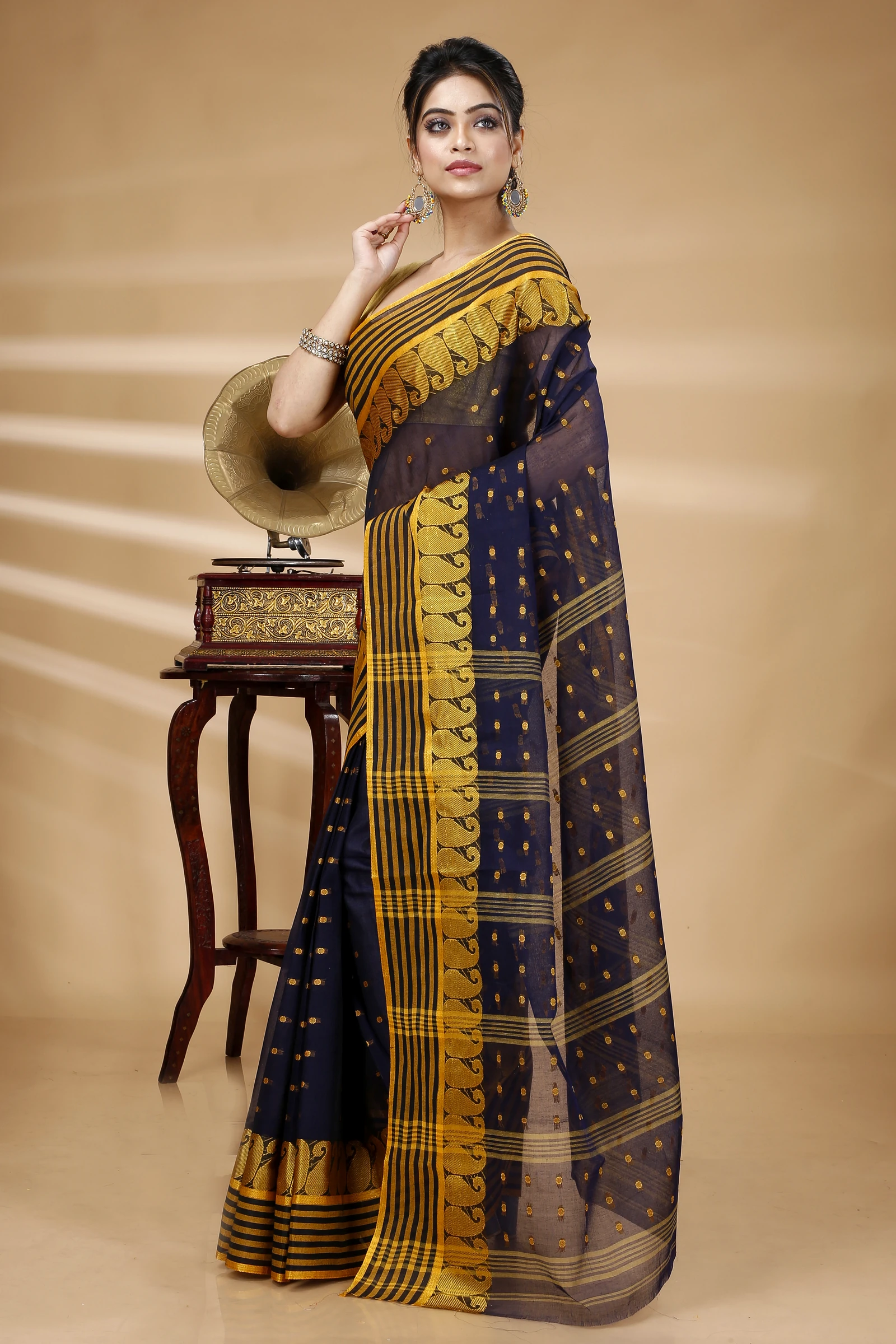 Blue Pure Cotton Moti_Buti Tant Saree (748)