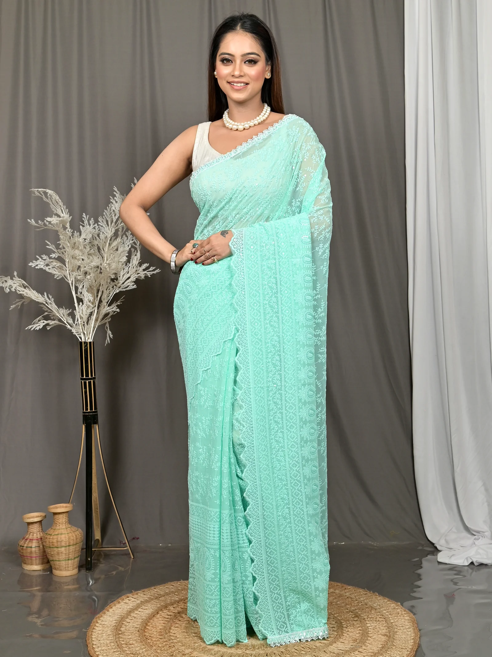 Mint Green Cotton Parmon Chikankari Saree  (75)