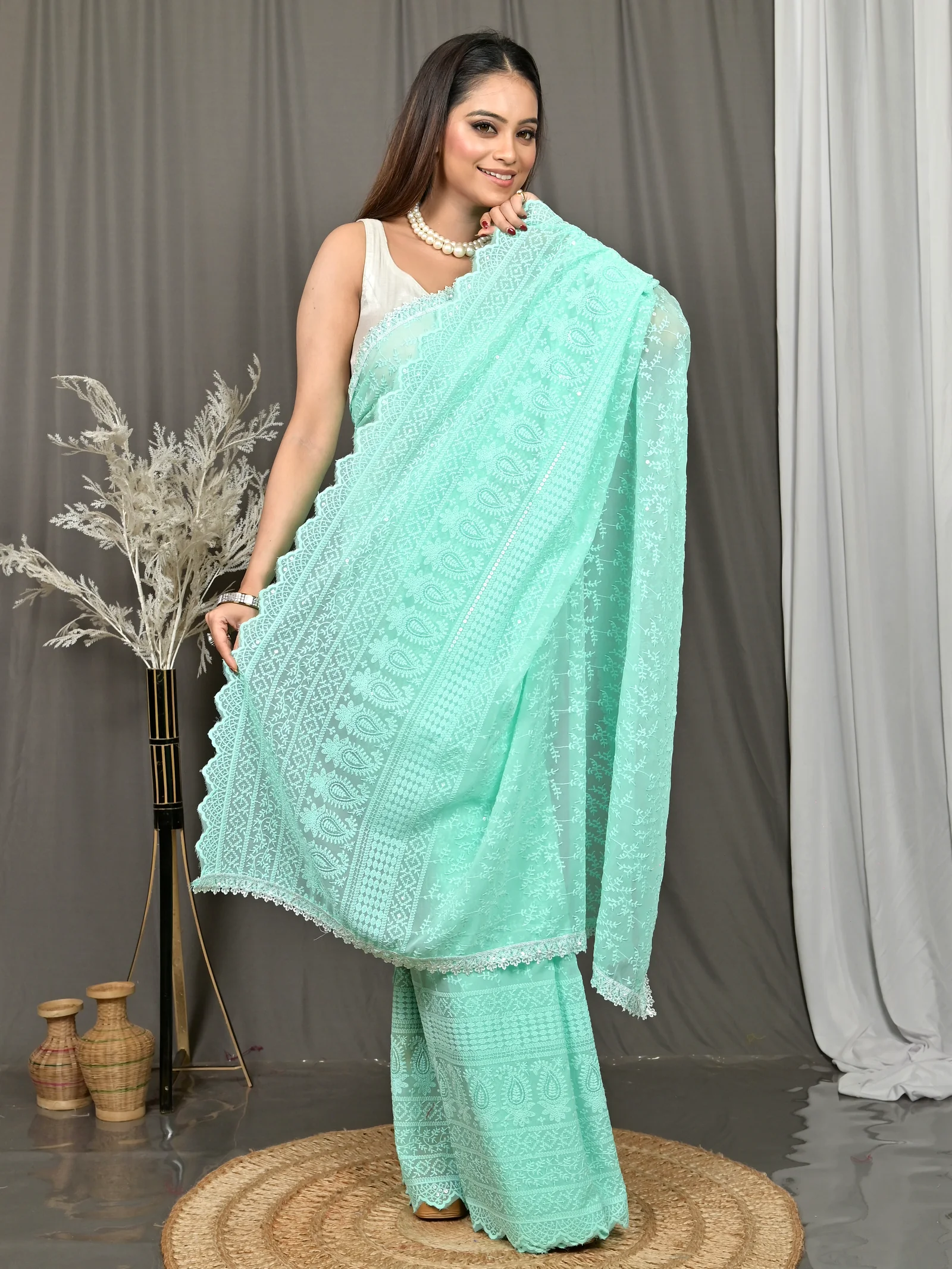 Mint Green Cotton Parmon Chikankari Saree  (75)