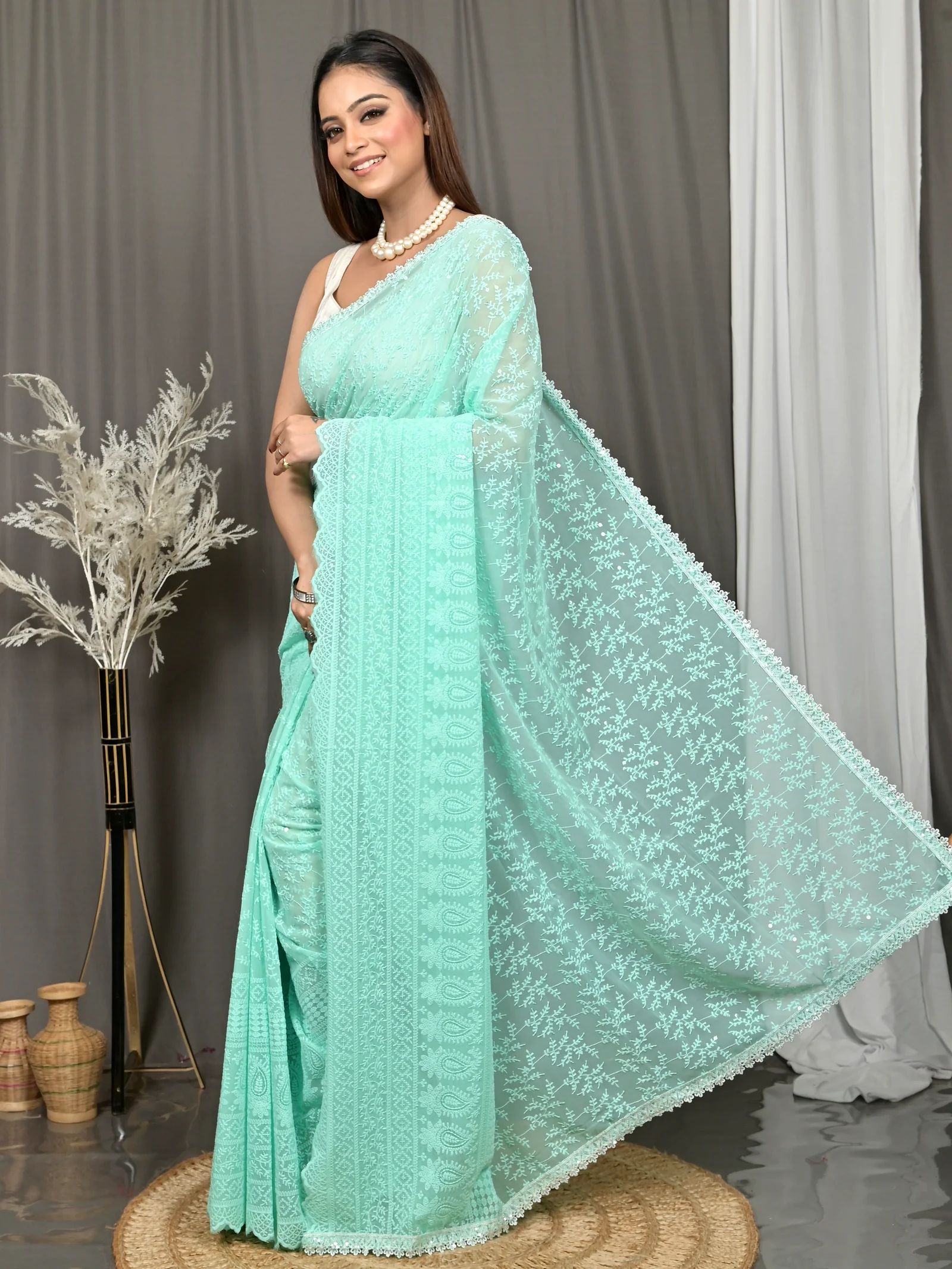 Mint Green Cotton Parmon Chikankari Saree  (75)