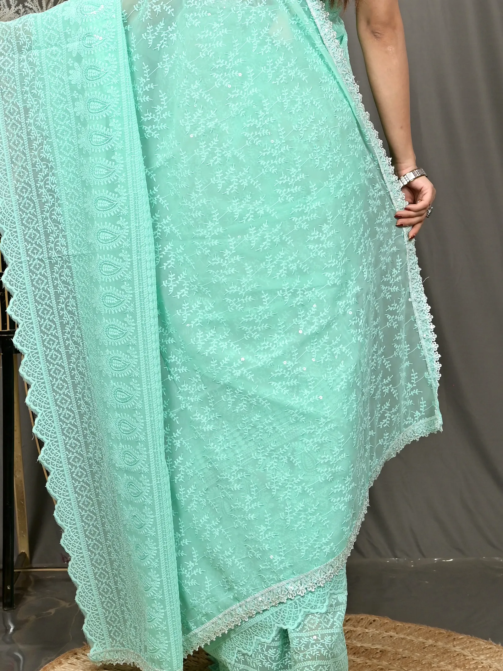 Mint Green Cotton Parmon Chikankari Saree  (75)