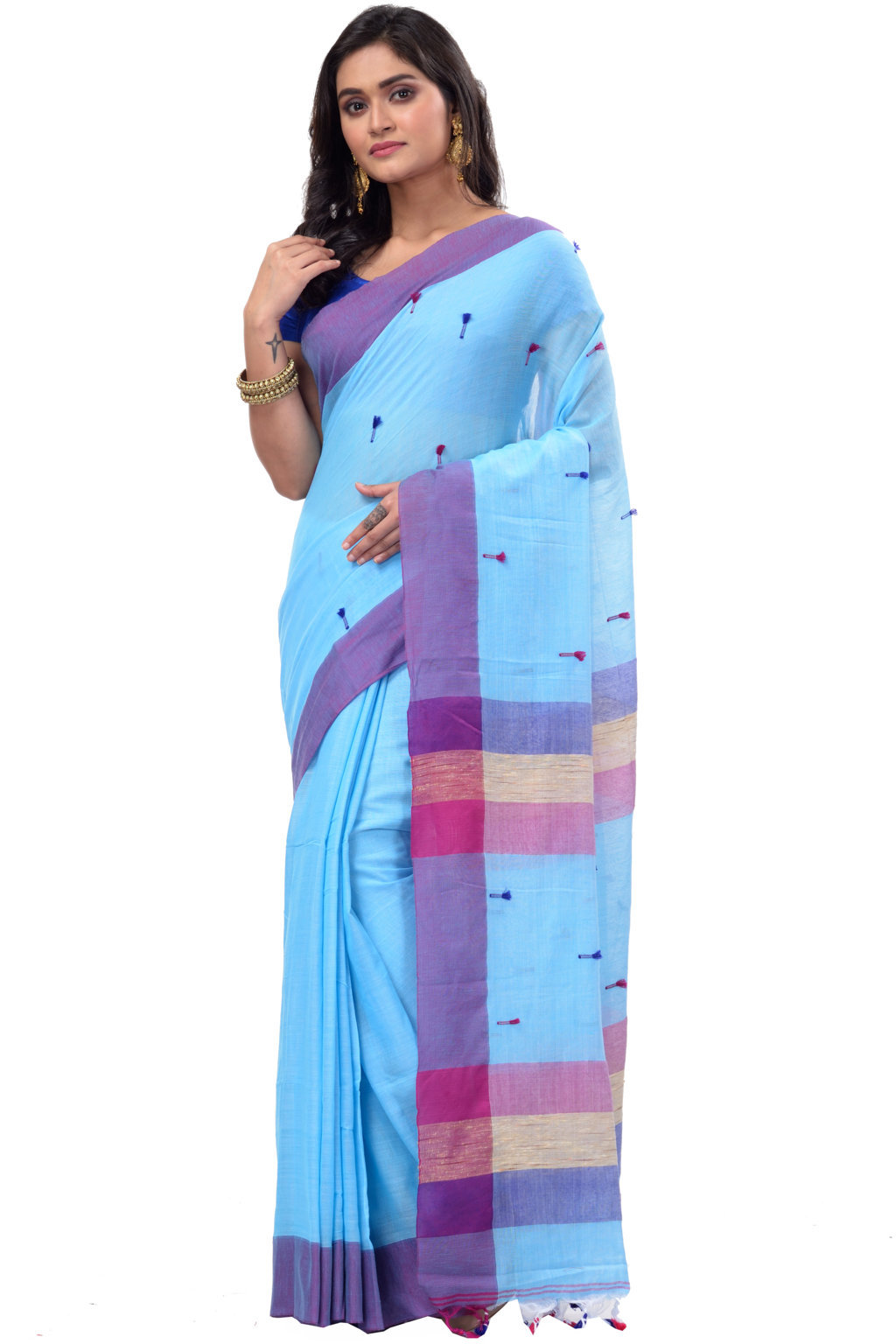 Blue Pure Cotton Clacial Desigined Hand Loom Saree (752)