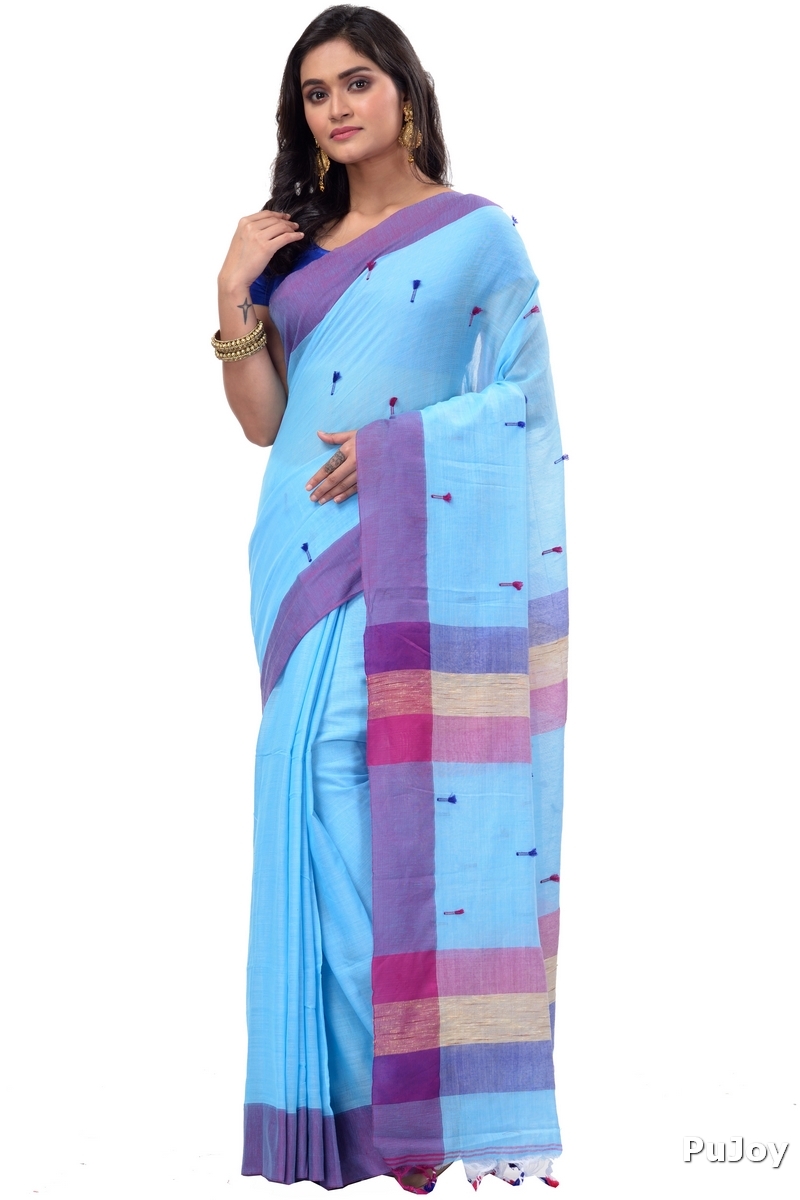 Blue Pure Cotton Clacial Desigined Hand Loom Saree (752)