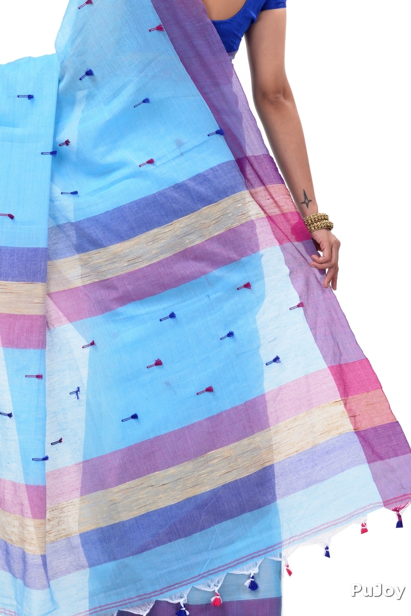 Blue Pure Cotton Clacial Desigined Hand Loom Saree (752)