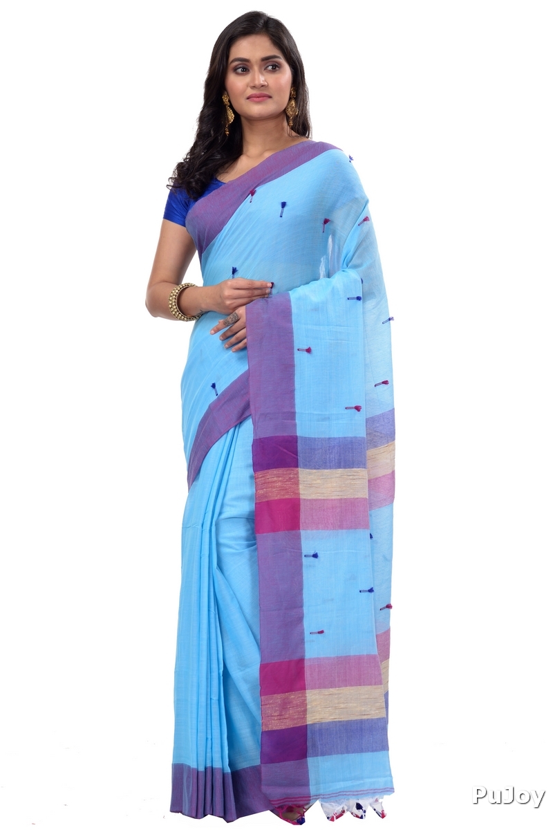 Blue Pure Cotton Clacial Desigined Hand Loom Saree (752)