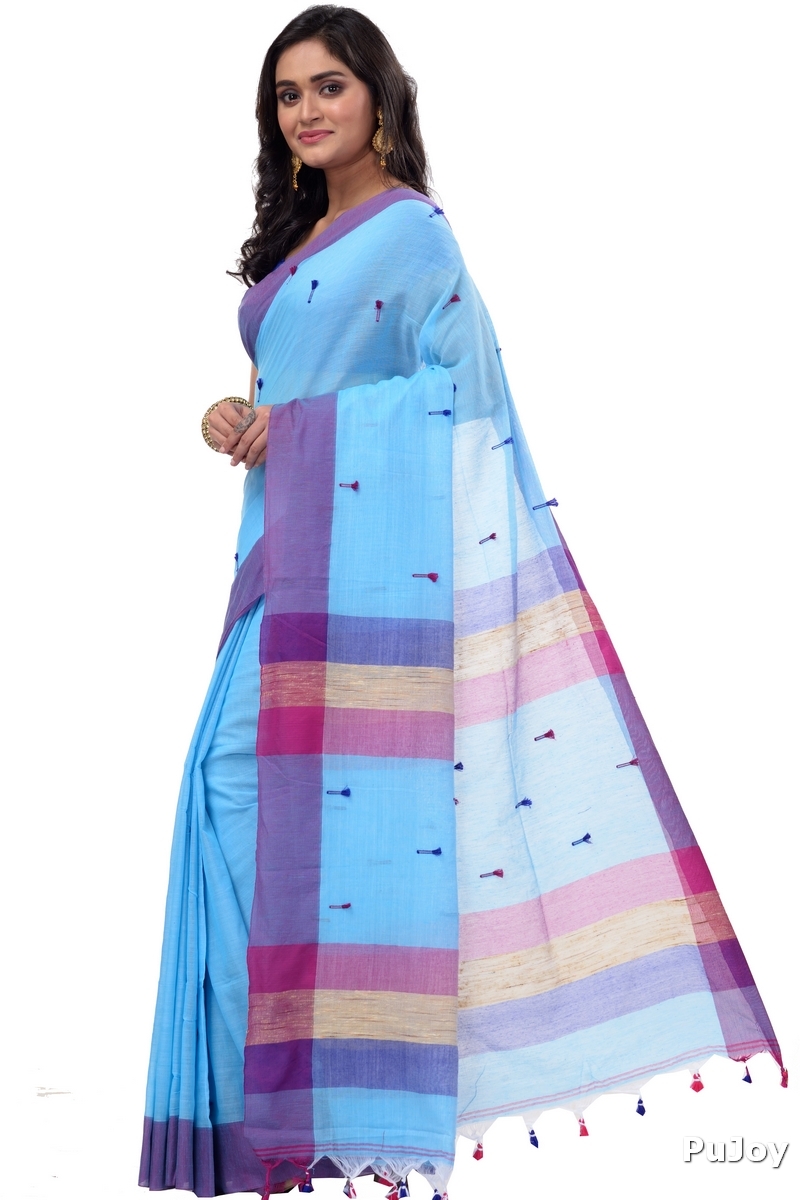 Blue Pure Cotton Clacial Desigined Hand Loom Saree (752)