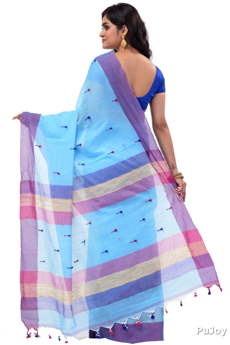 Blue Pure Cotton Clacial Desigined Hand Loom Saree (752)
