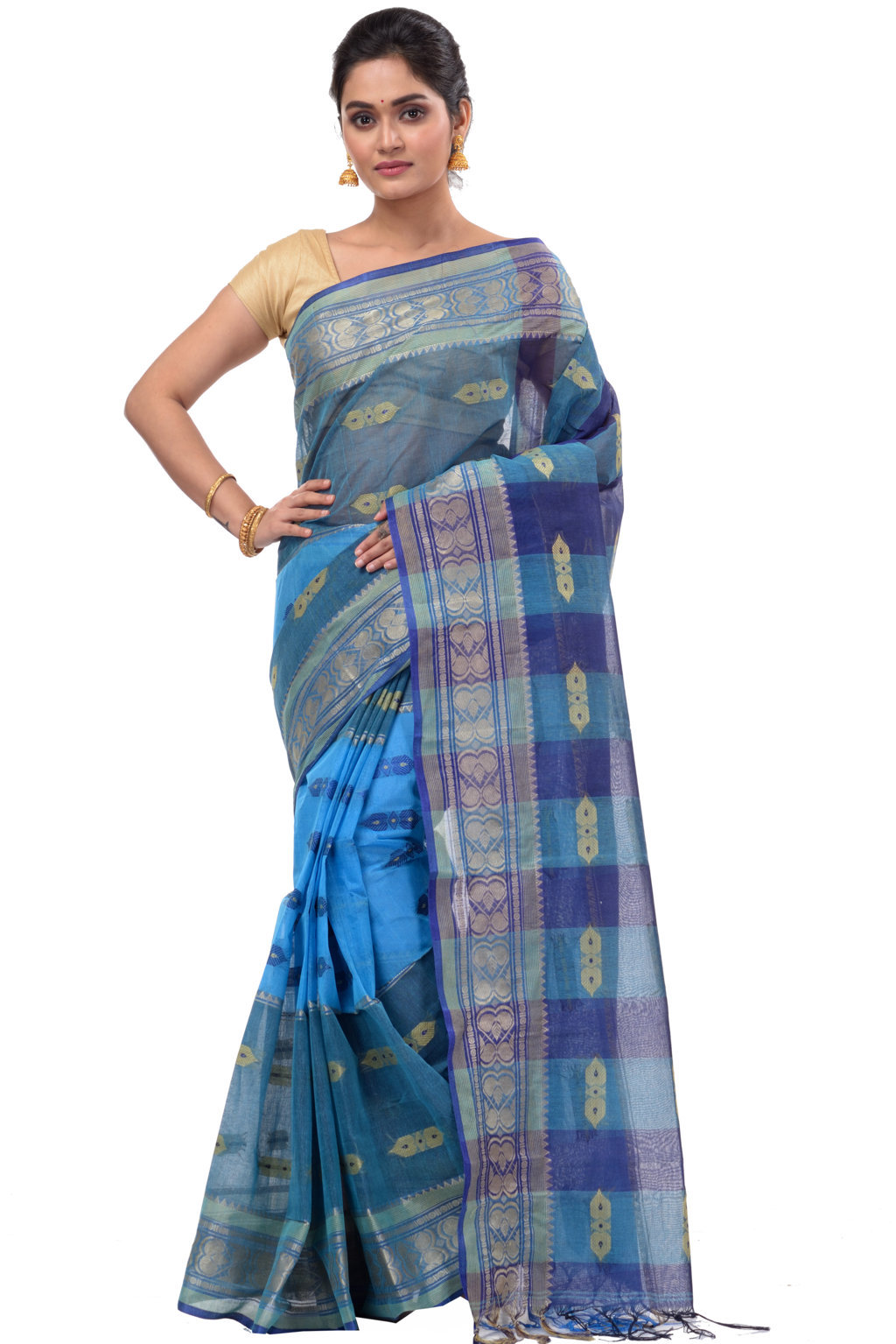 Blue Pure Cotton Raj Nandi Desigine Tant Saree (754)
