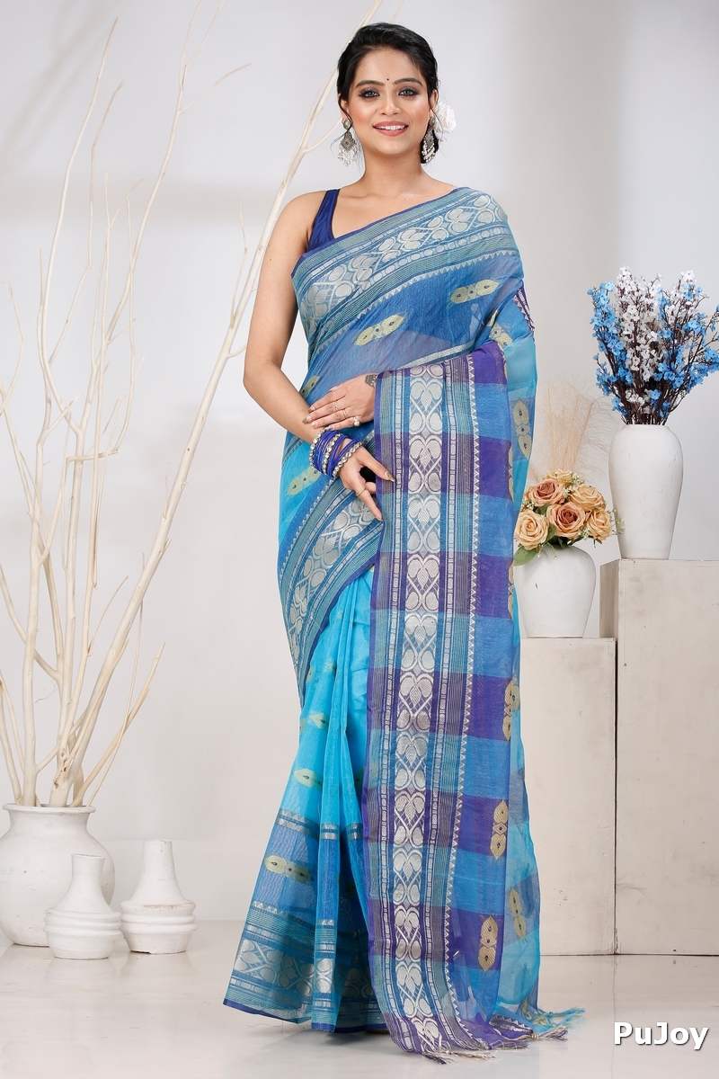 Blue Pure Cotton Raj Nandi Desigine Tant Saree (754)
