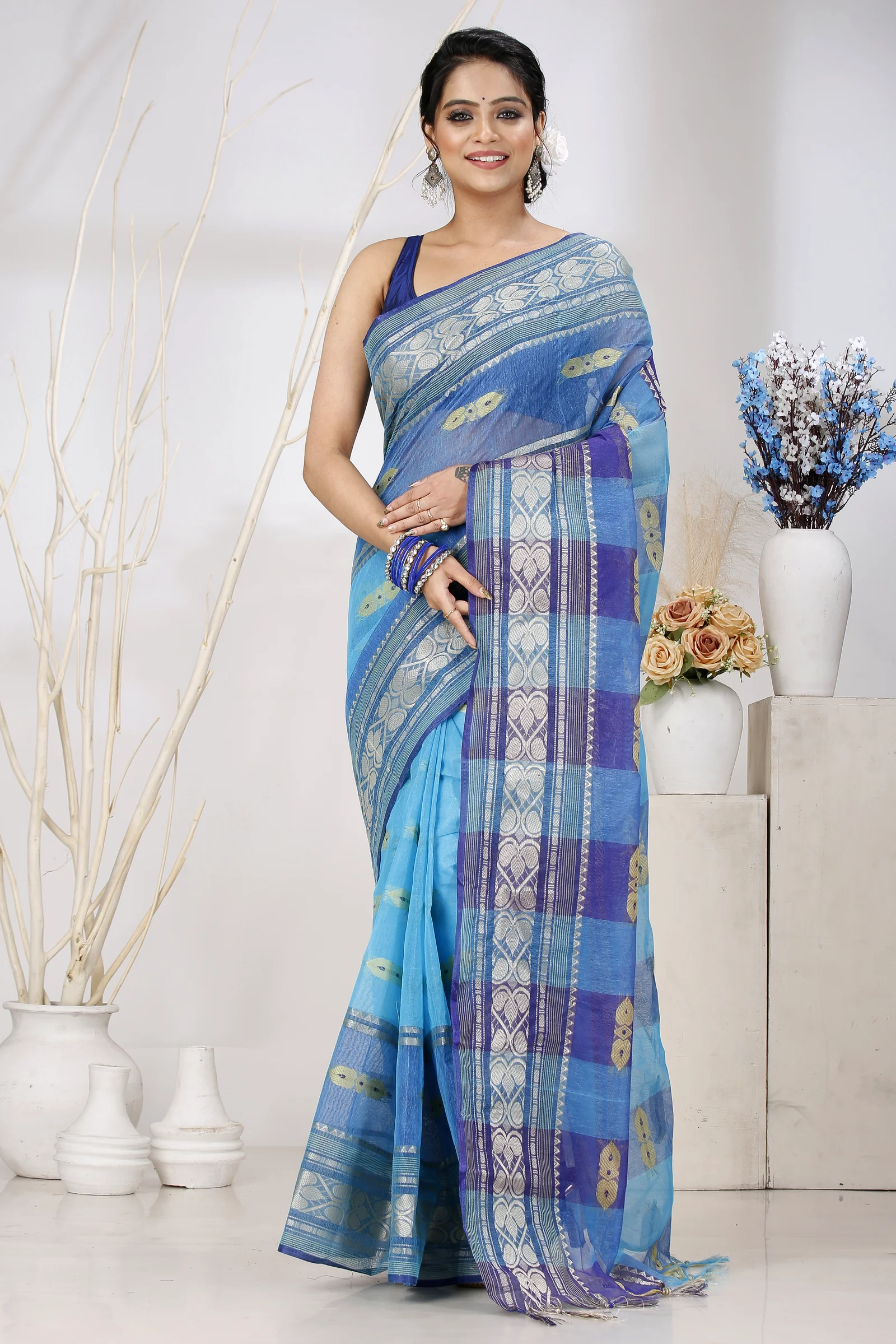 Blue Pure Cotton Raj Nandi Desigine Tant Saree (754)