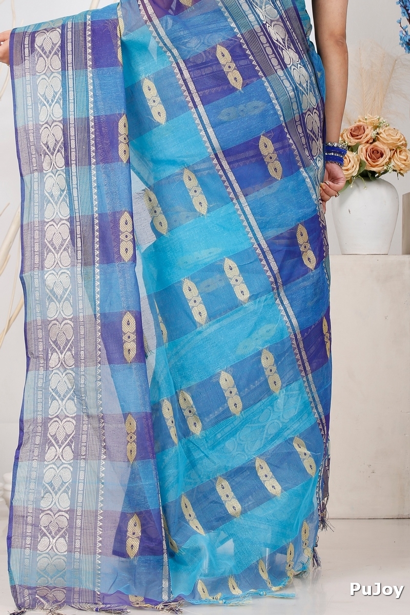 Blue Pure Cotton Raj Nandi Desigine Tant Saree (754)
