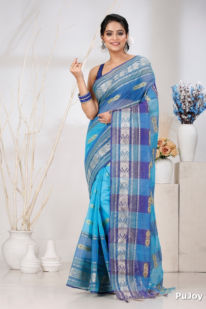 Blue Pure Cotton Raj Nandi Desigine Tant Saree (754)