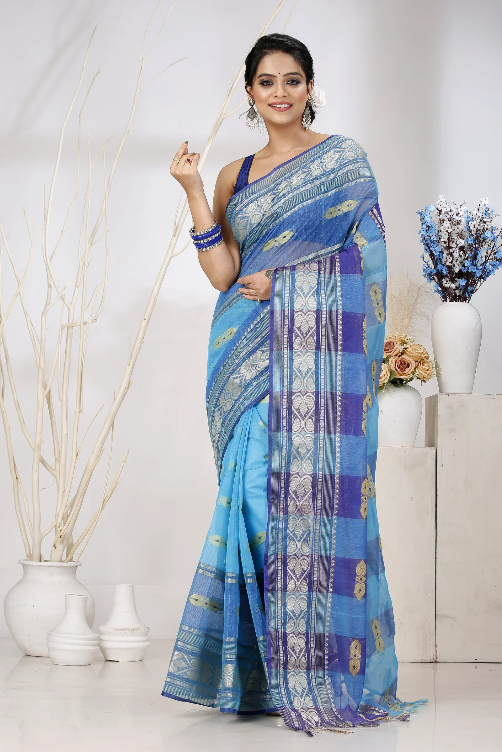 Blue Pure Cotton Raj Nandi Desigine Tant Saree (754)