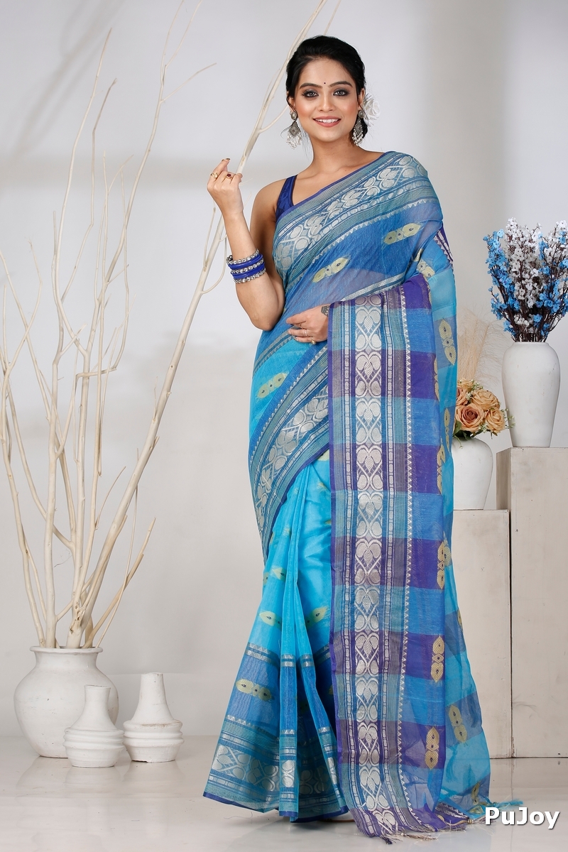 Blue Pure Cotton Raj Nandi Desigine Tant Saree (754)