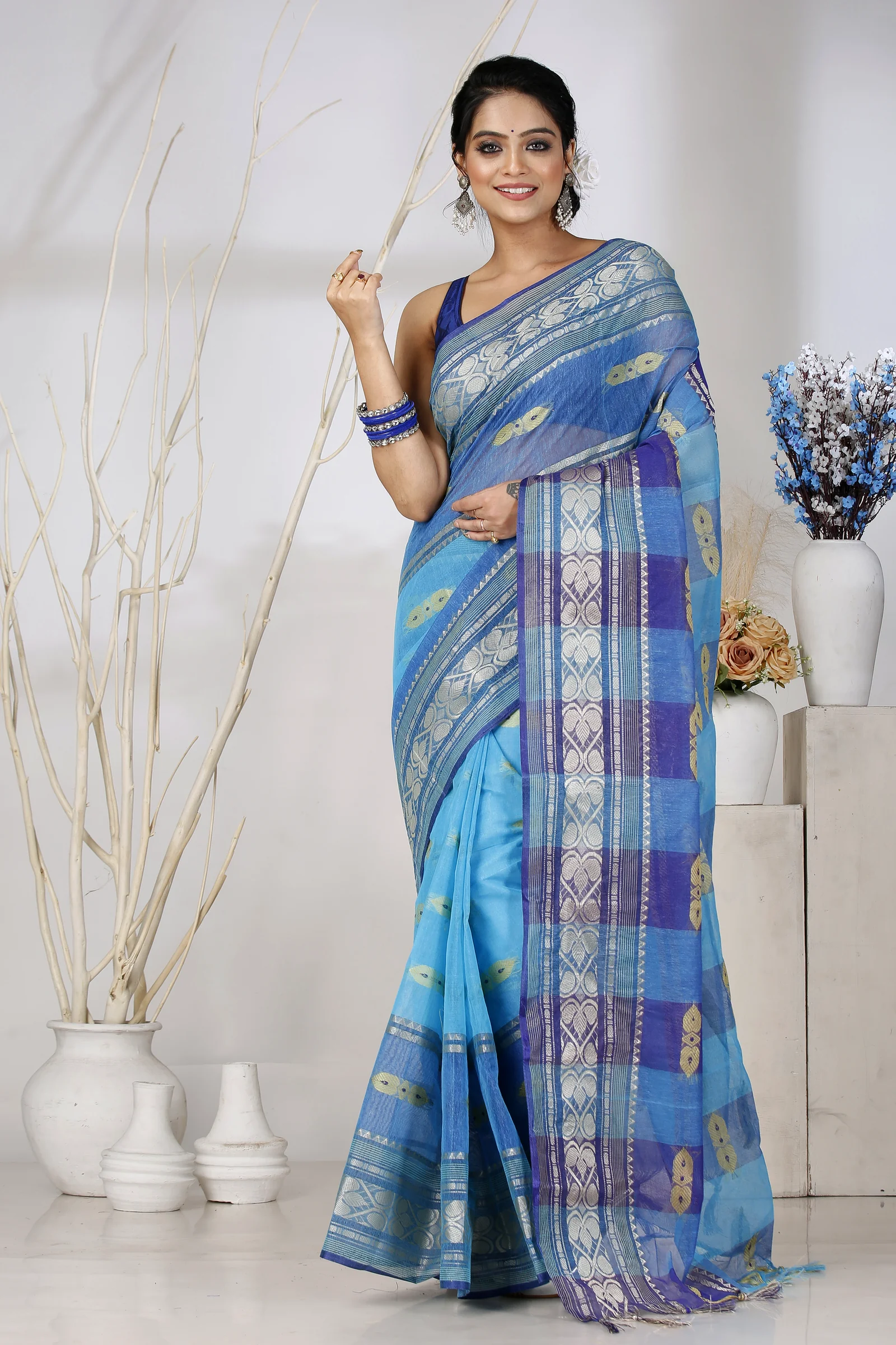 Blue Pure Cotton Raj Nandi Desigine Tant Saree (754)