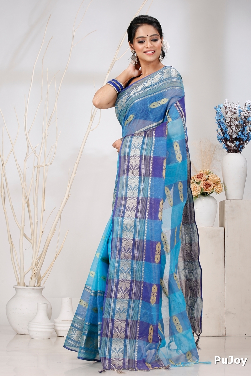 Blue Pure Cotton Raj Nandi Desigine Tant Saree (754)
