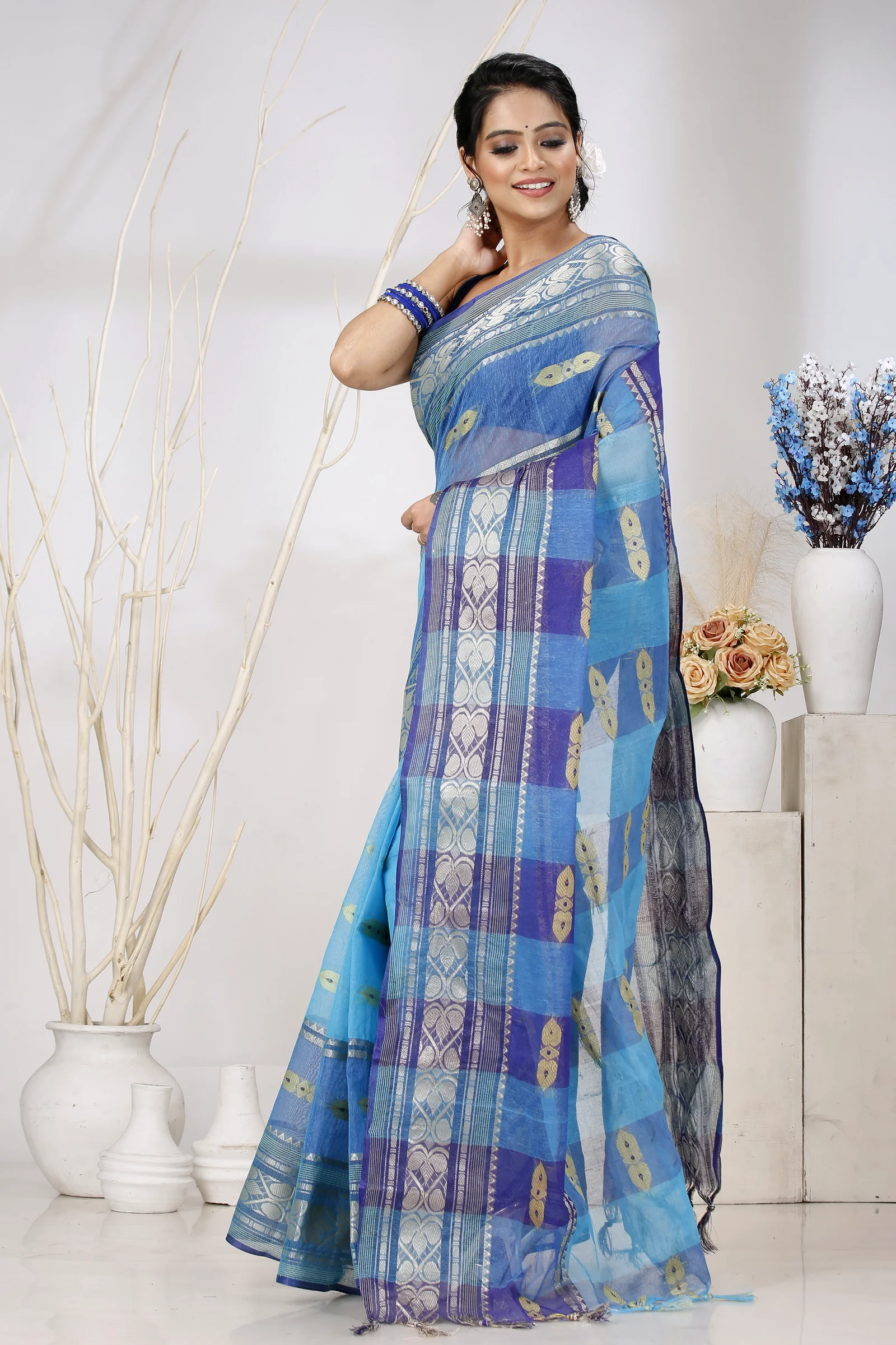 Blue Pure Cotton Raj Nandi Desigine Tant Saree (754)