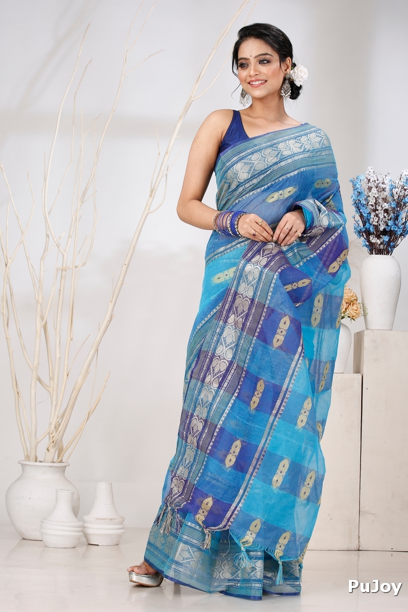 Blue Pure Cotton Raj Nandi Desigine Tant Saree (754)