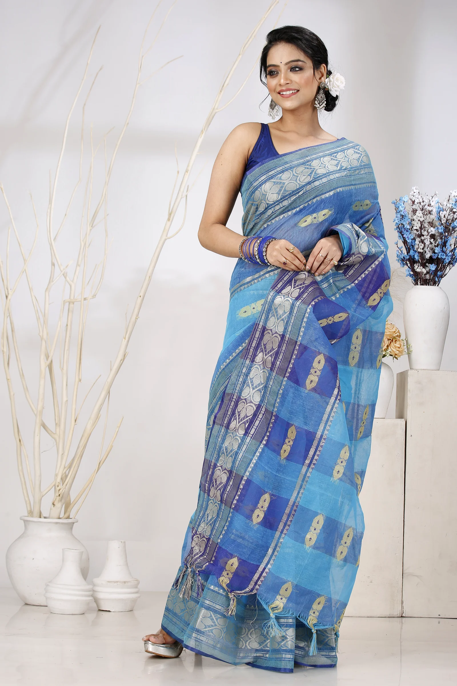 Blue Pure Cotton Raj Nandi Desigine Tant Saree (754)