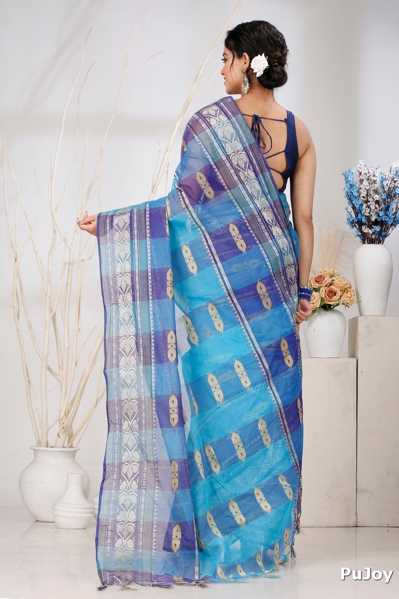 Blue Pure Cotton Raj Nandi Desigine Tant Saree (754)