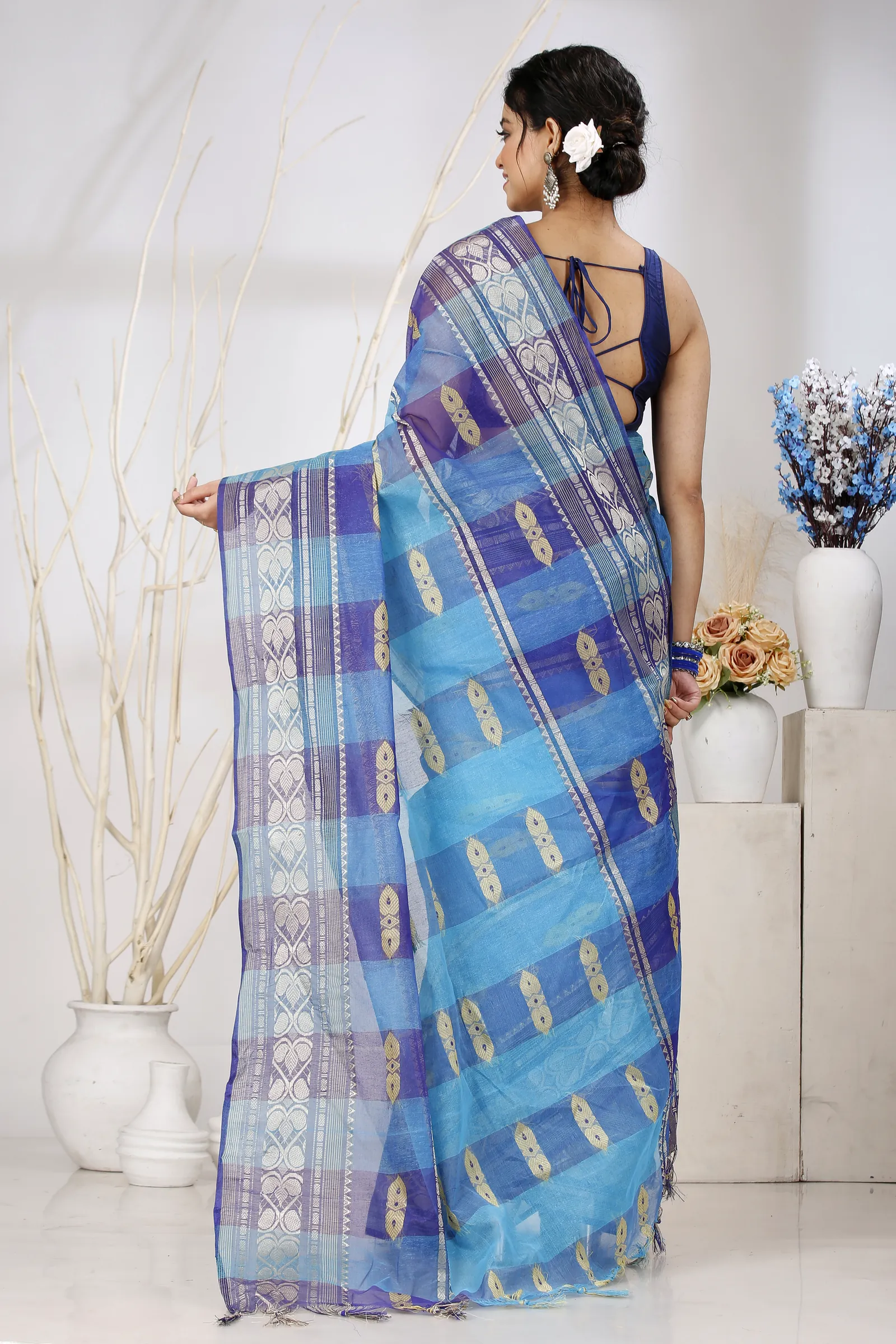 Blue Pure Cotton Raj Nandi Desigine Tant Saree (754)