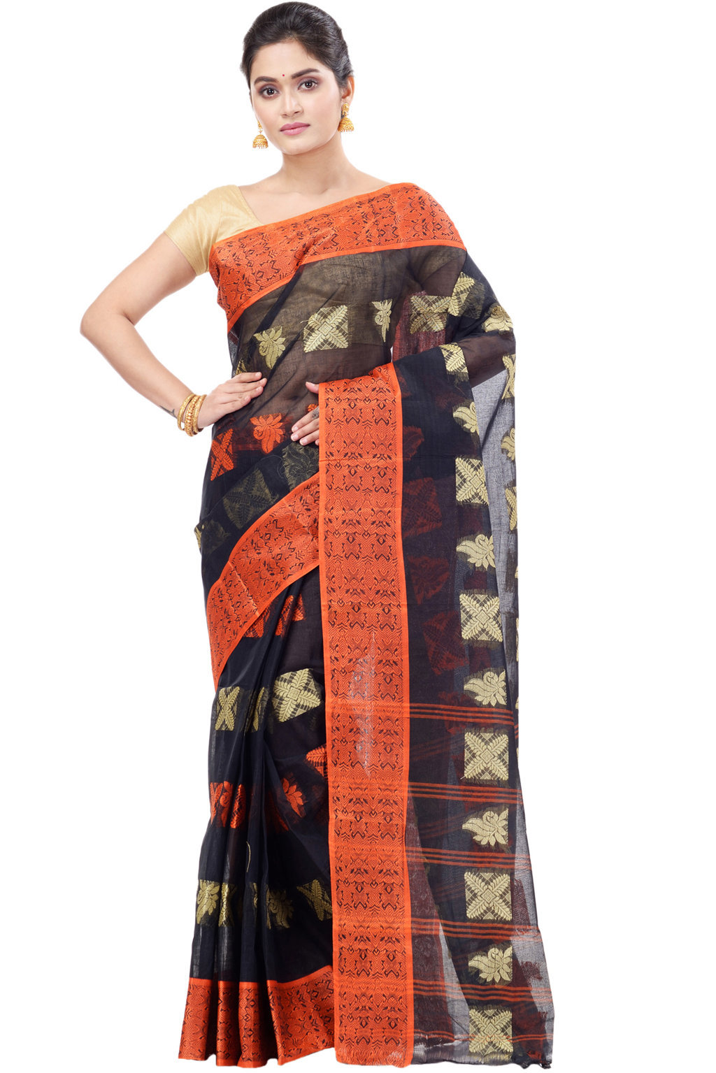 Black Pure Cotton Suparna Buti Tant Saree (755)