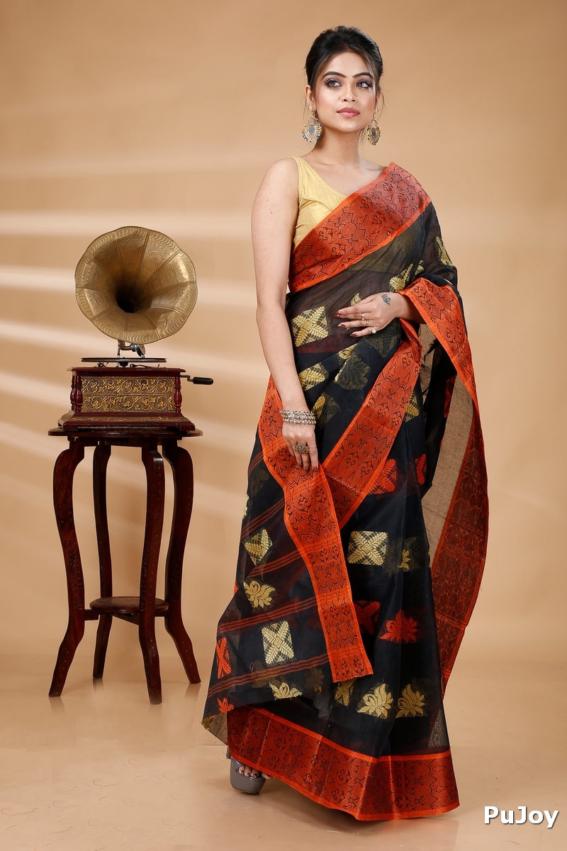 Black Pure Cotton Suparna Buti Tant Saree (755)