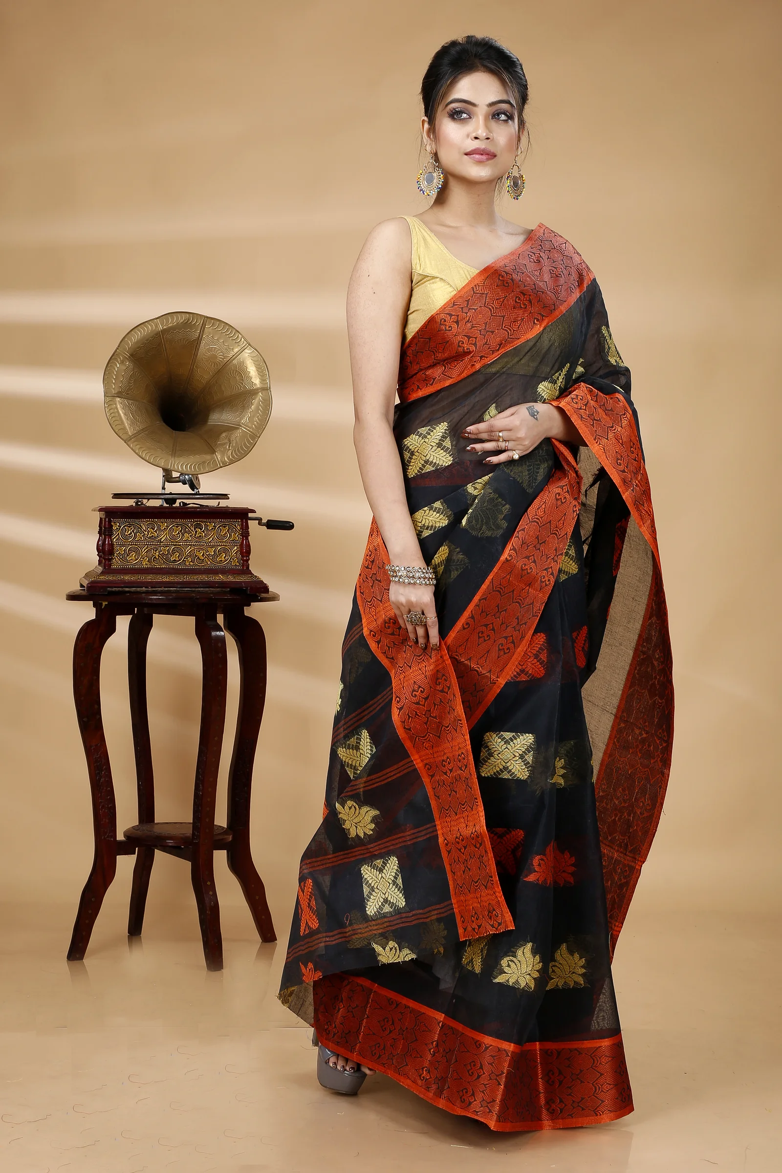 Black Pure Cotton Suparna Buti Tant Saree (755)