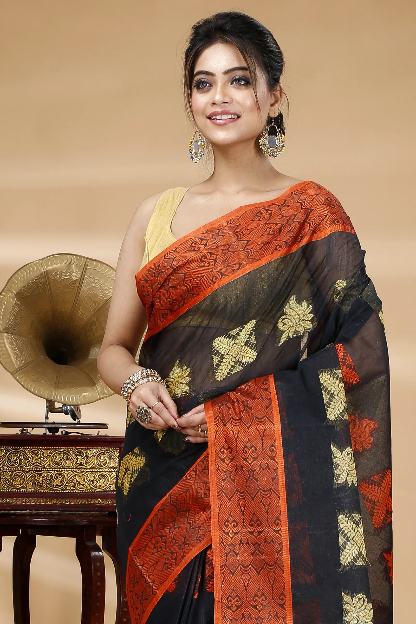 Black Pure Cotton Suparna Buti Tant Saree (755)