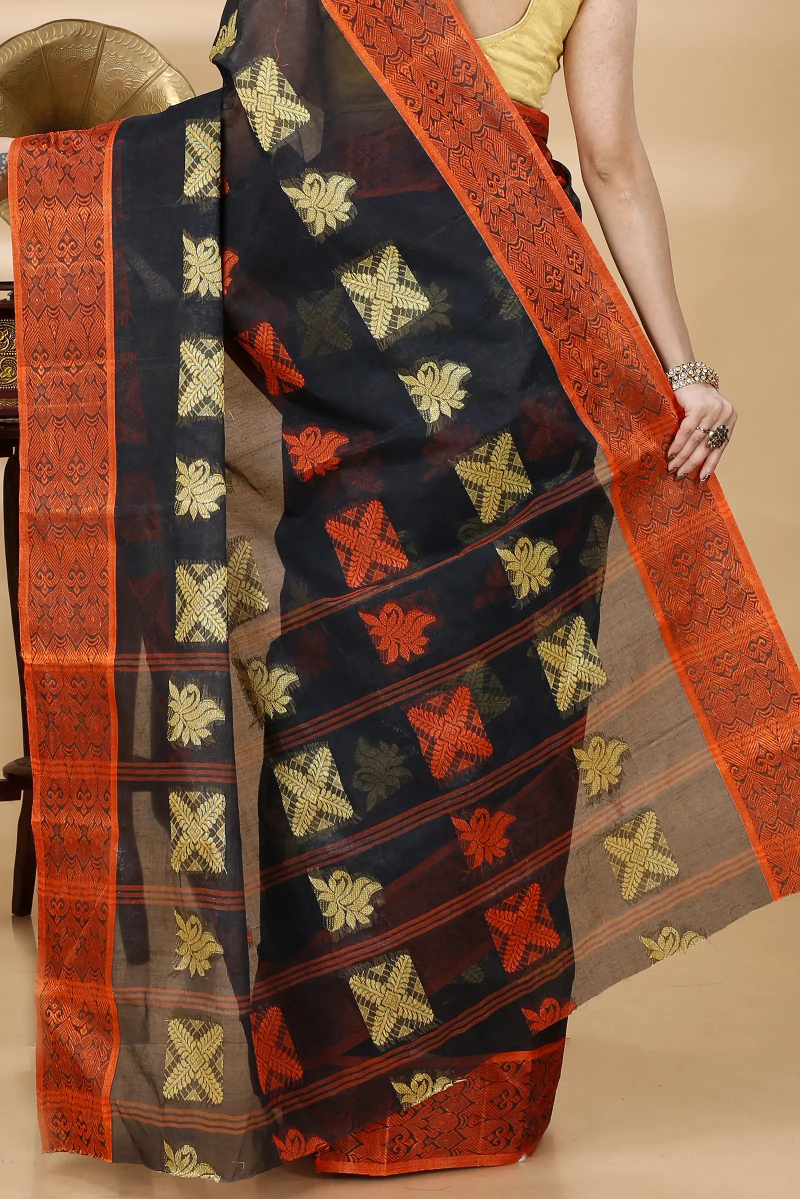 Black Pure Cotton Suparna Buti Tant Saree (755)