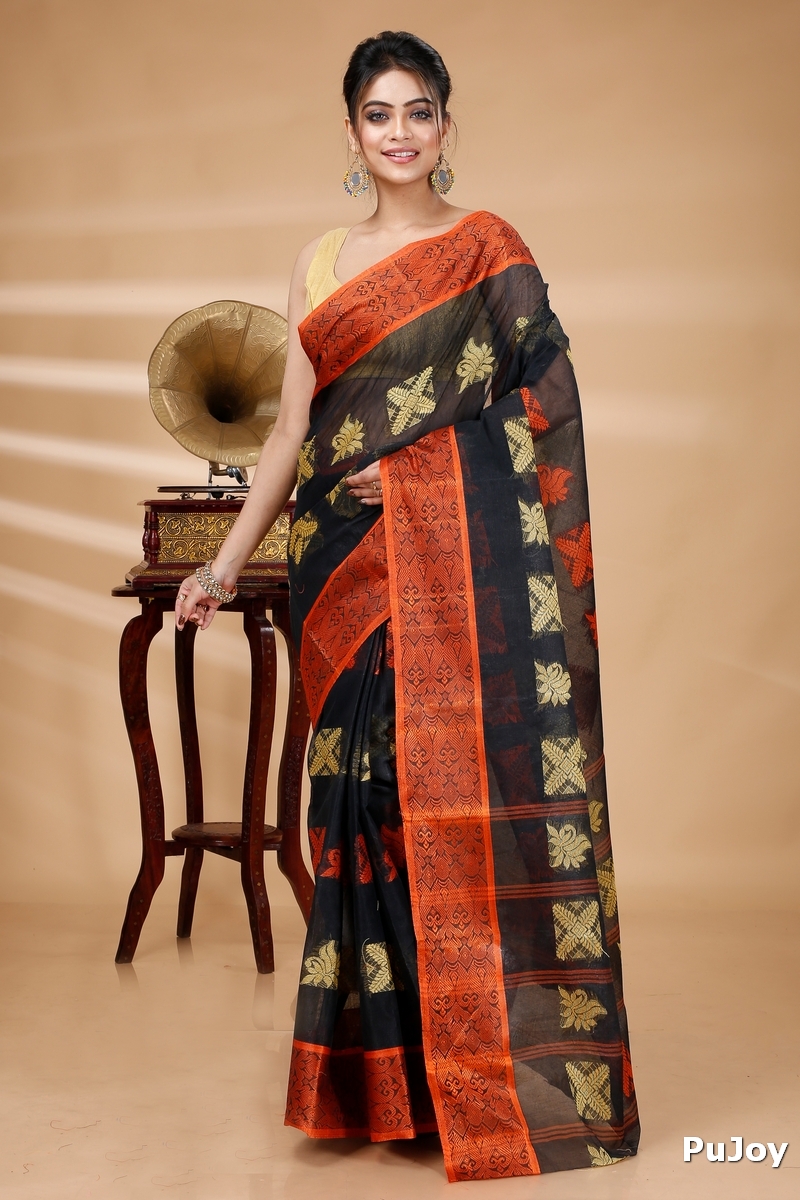 Black Pure Cotton Suparna Buti Tant Saree (755)