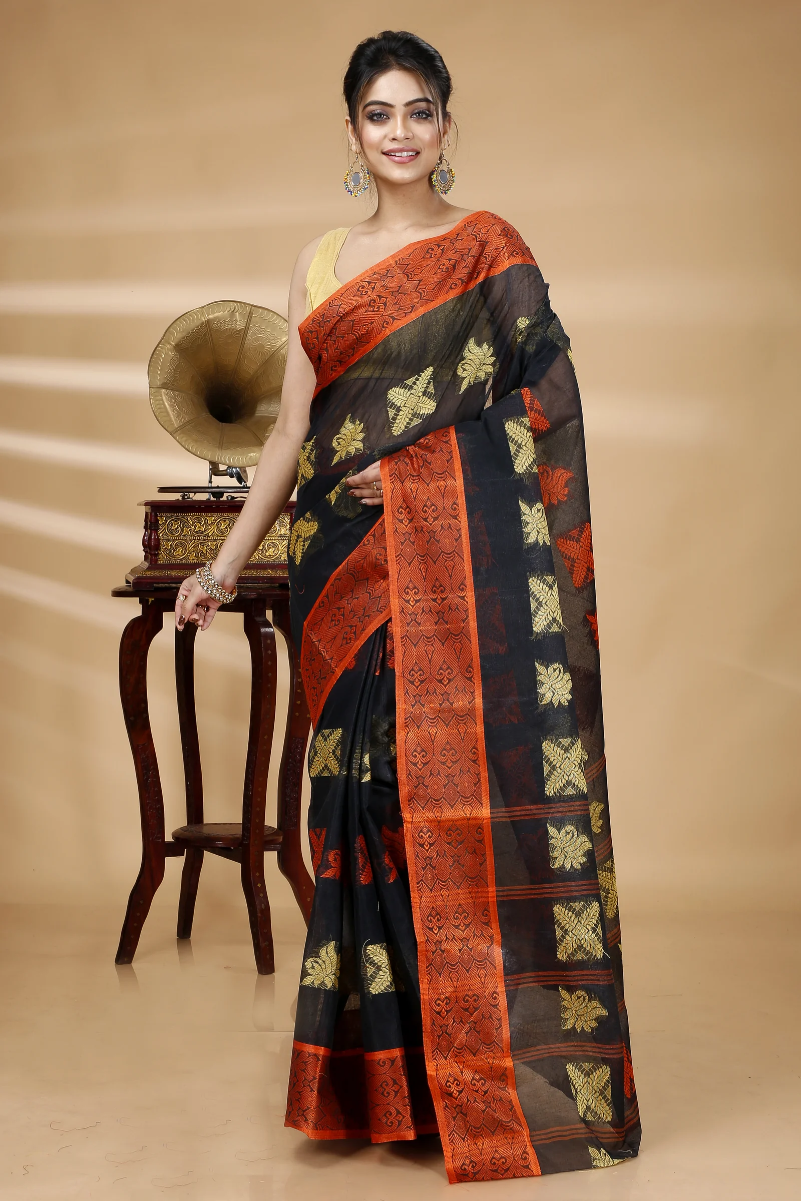 Black Pure Cotton Suparna Buti Tant Saree (755)