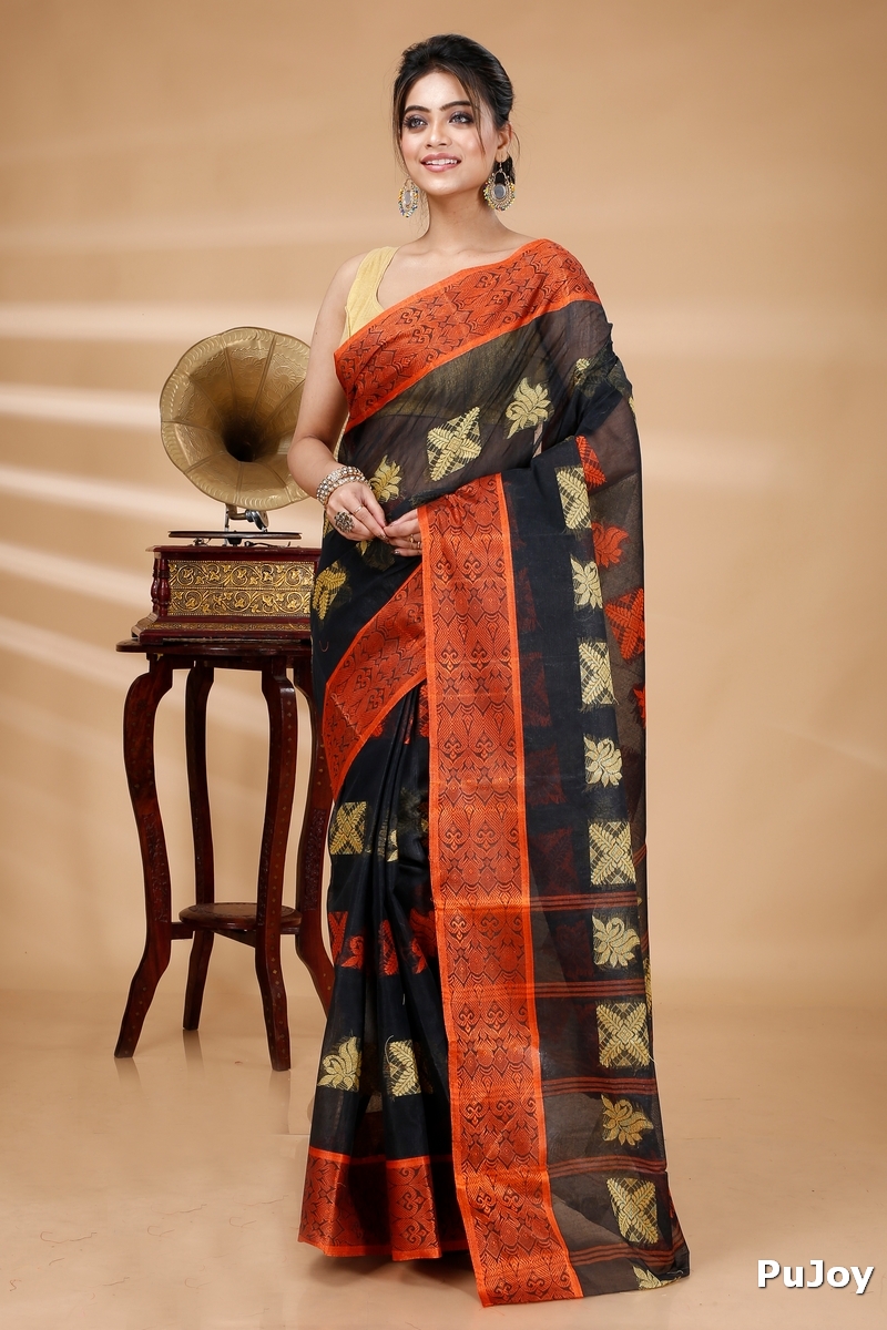 Black Pure Cotton Suparna Buti Tant Saree (755)
