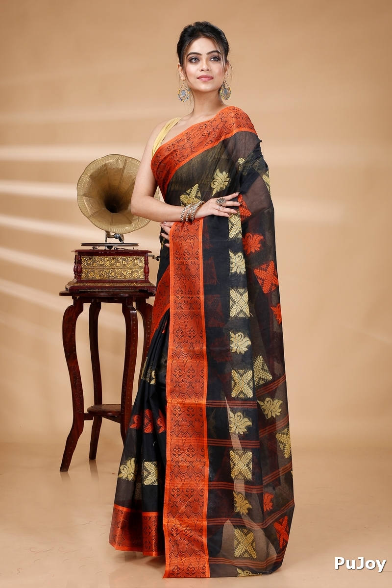 Black Pure Cotton Suparna Buti Tant Saree (755)