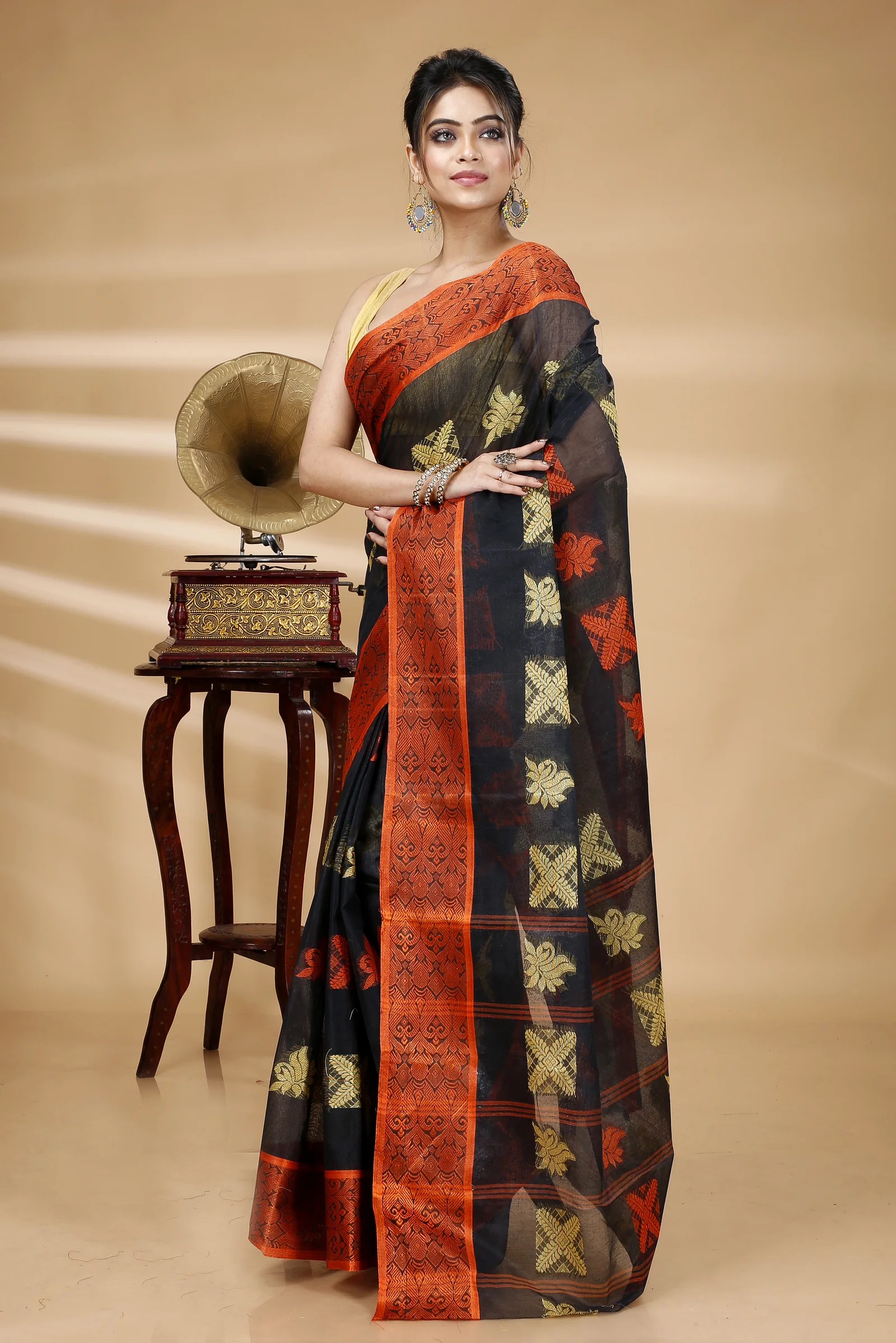 Black Pure Cotton Suparna Buti Tant Saree (755)