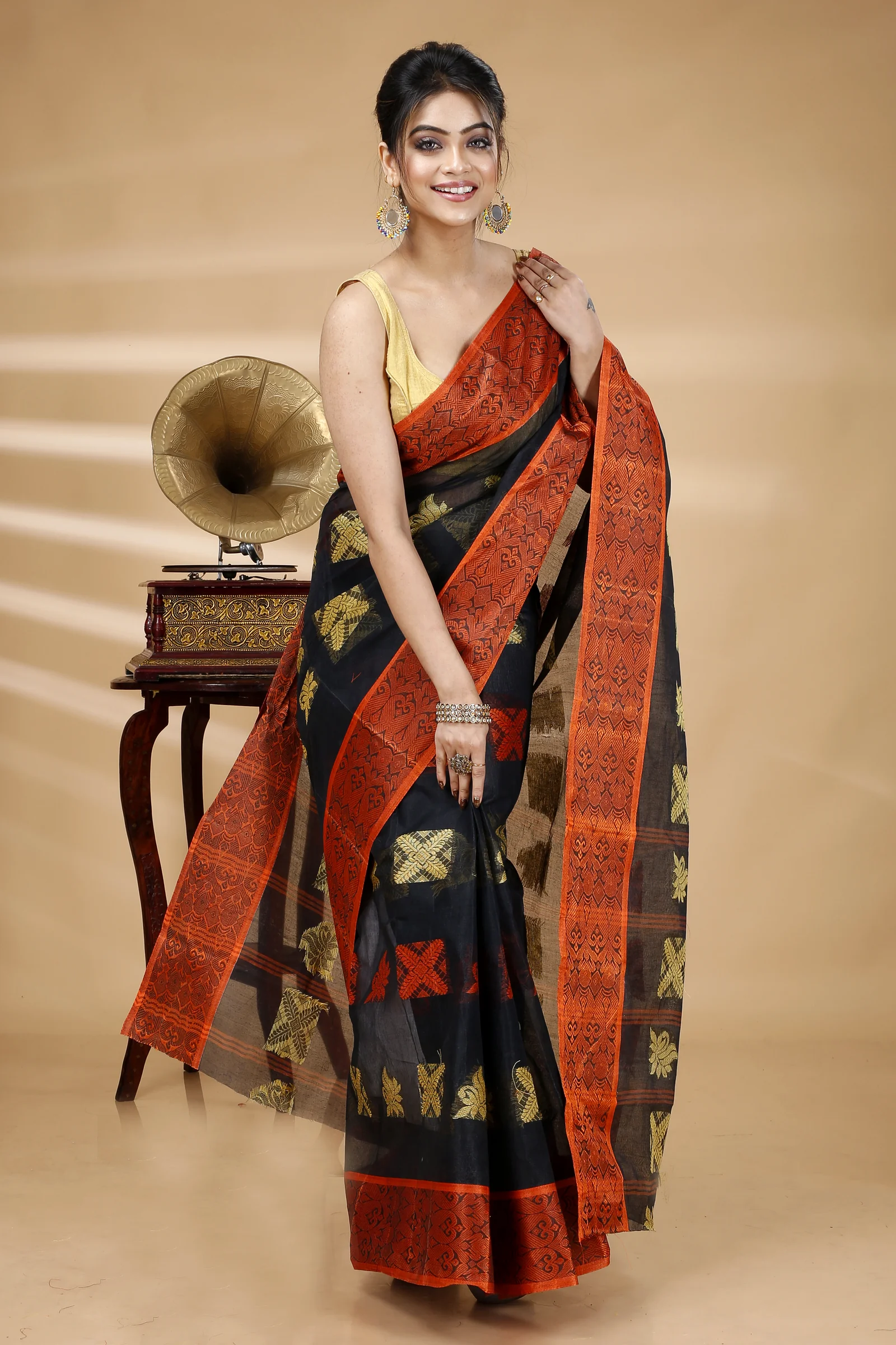 Black Pure Cotton Suparna Buti Tant Saree (755)